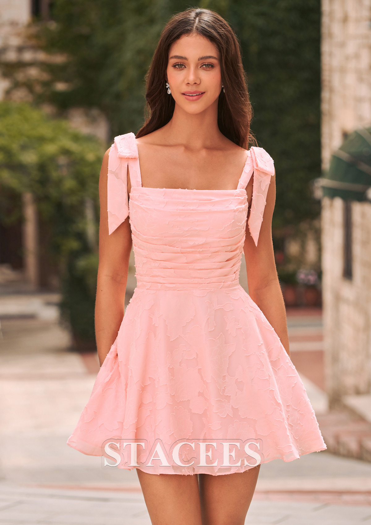 Blushing Pink A-line Square Neckline Floral Jacquard Mini Homecoming Dress with Bow Straps - STACEES