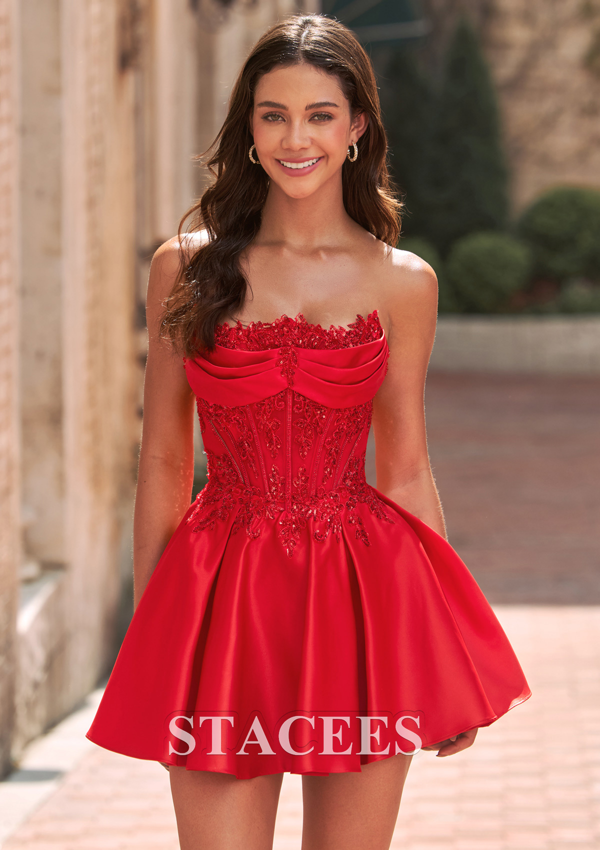 Red Strapless Beaded Lace Corset Satin A-Line Short Homecoming Dress - STACEES