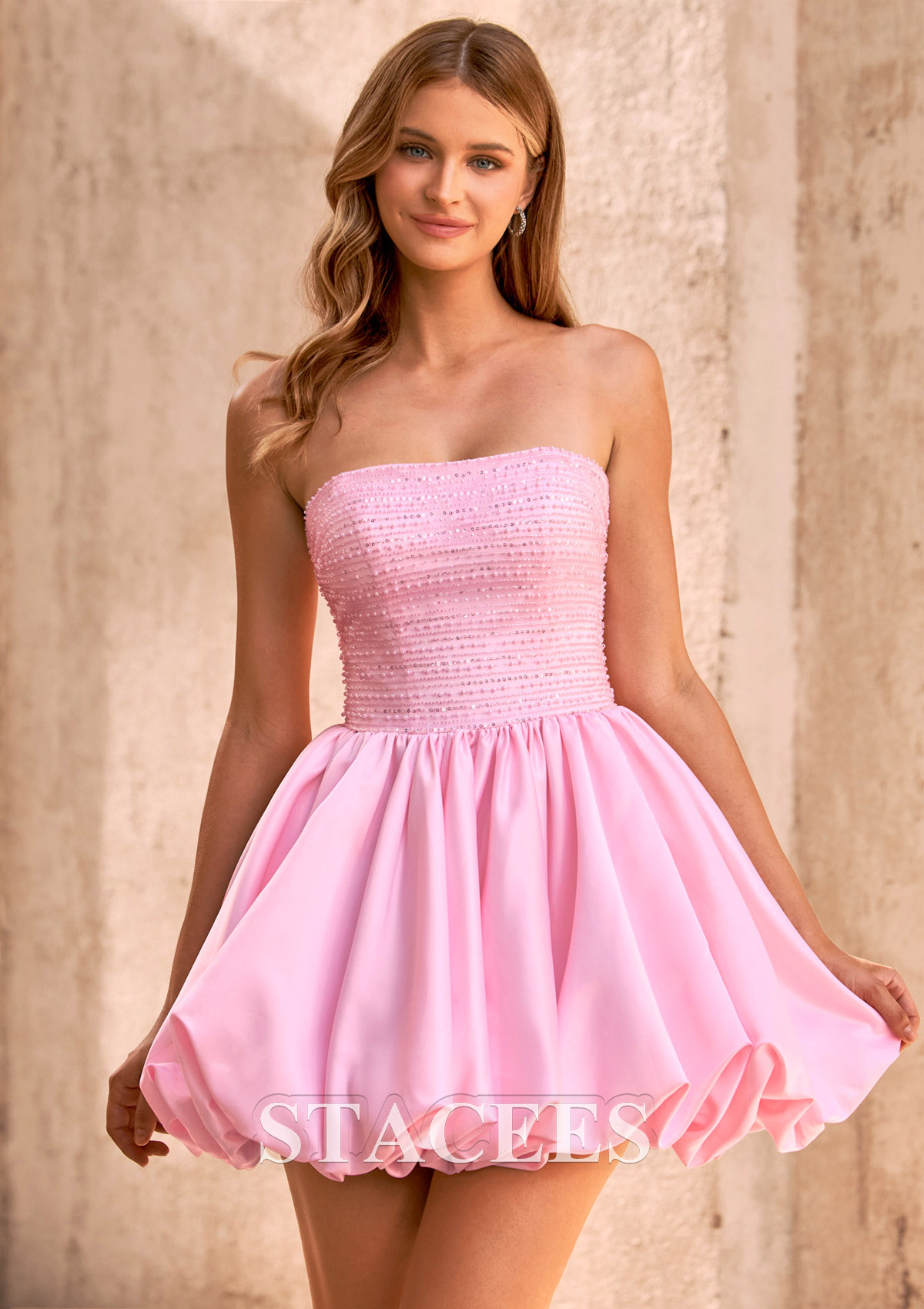 Candy Pink A-line Strapless Beaded Satin Bubble Hem Short Homecoming Dress - STACEES