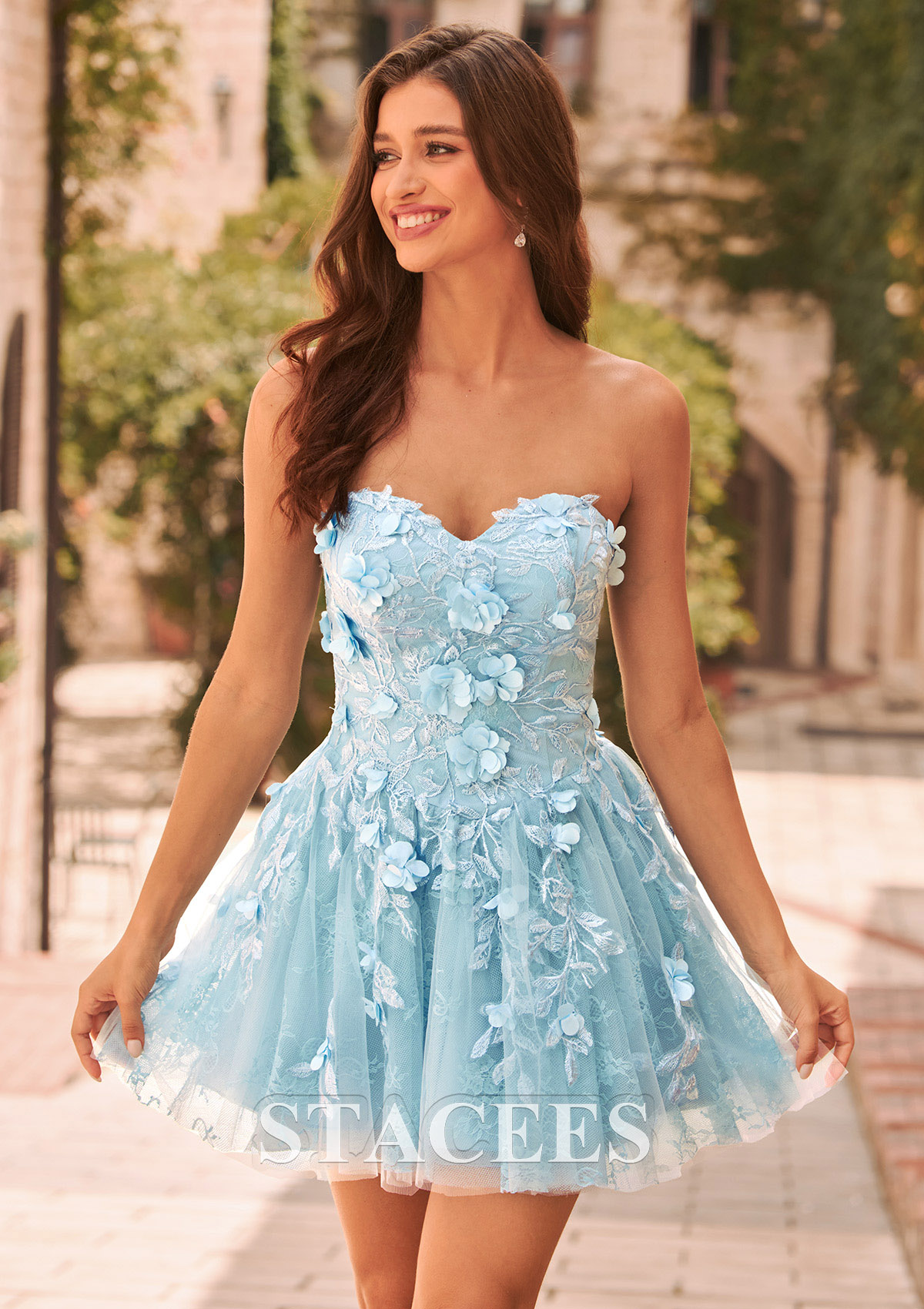Sky Blue A-line Strapless 3D Floral Lace Homecoming Dress with Lace-up Open Back - STACEES