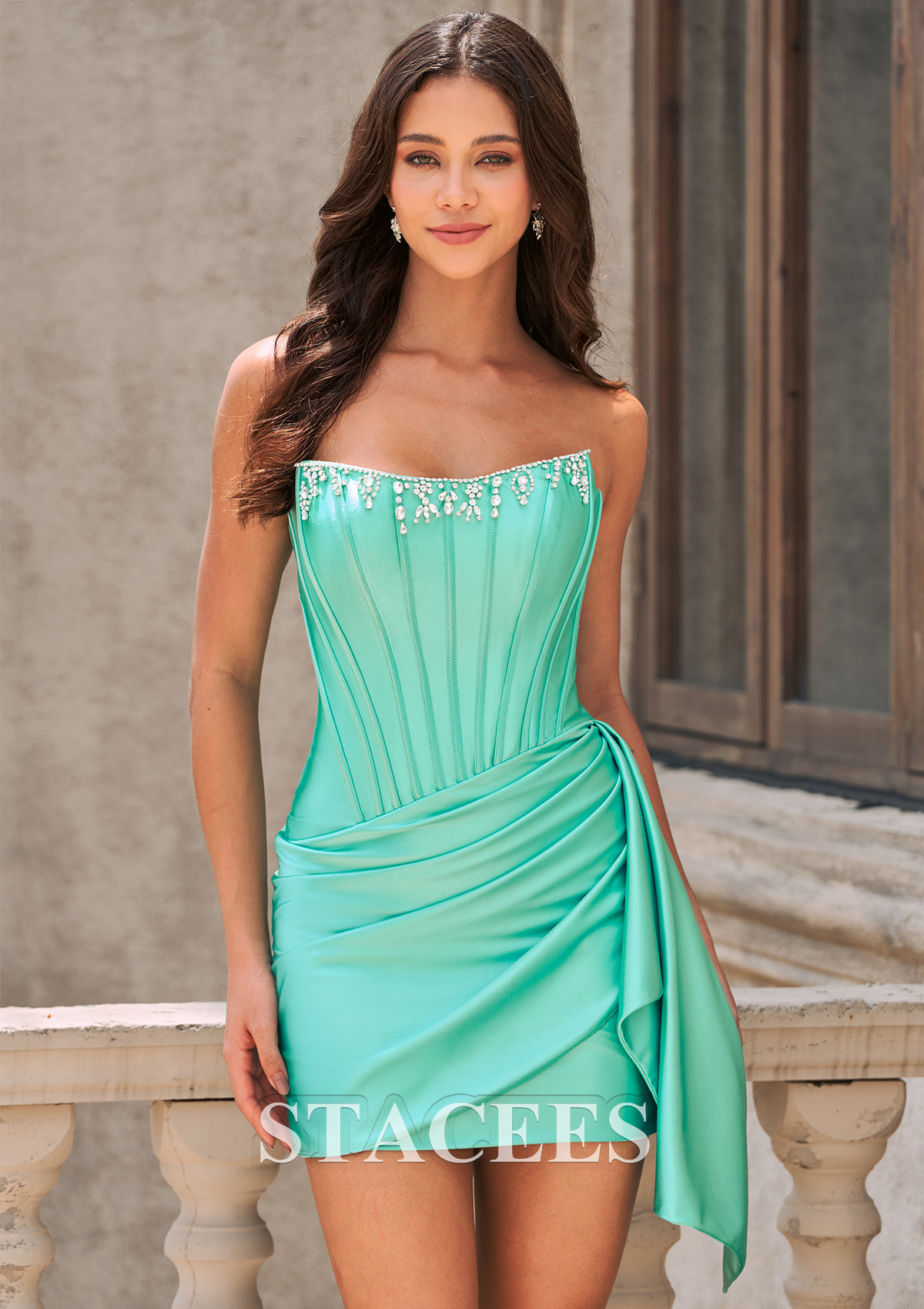 Mint Green Beaded Strapless Corset Silk like Satin Mini Homecoming Dress with Side Draping - STACEES