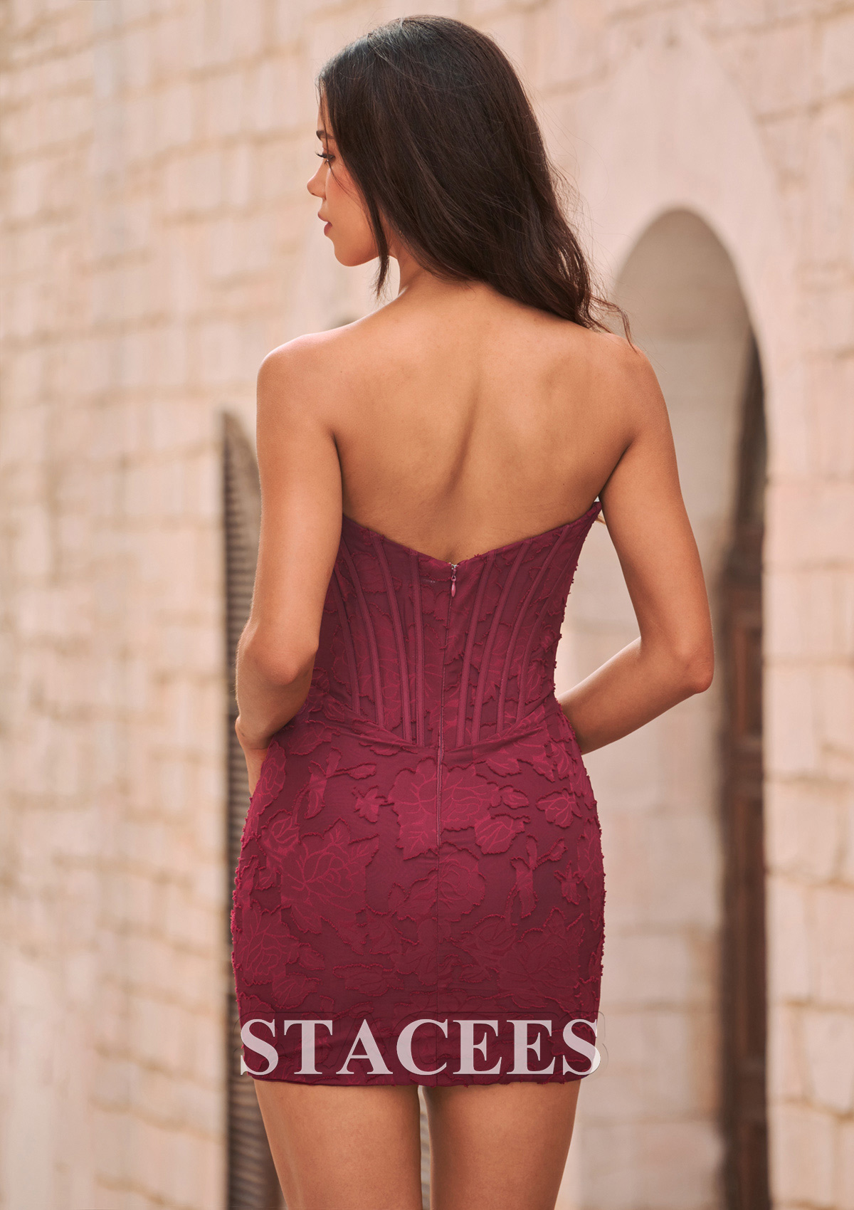 Burgundy Floral Jacquard Strapless Corset Mini Homecoming Dress with Ruched Sweetheart - STACEES