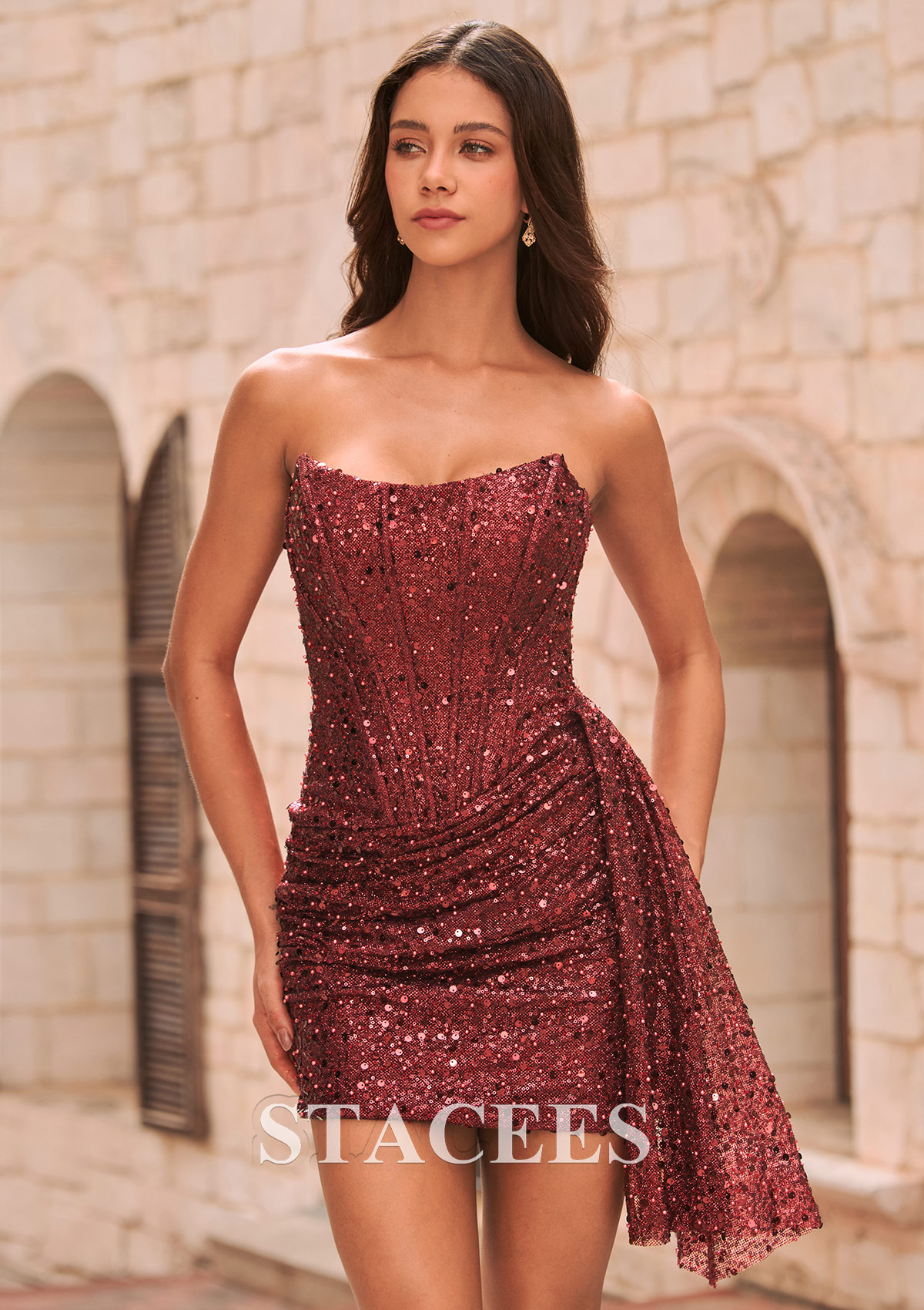 Burgundy Sequin Strapless Corset Mini Homecoming Dress with Side Ruffle - STACEES