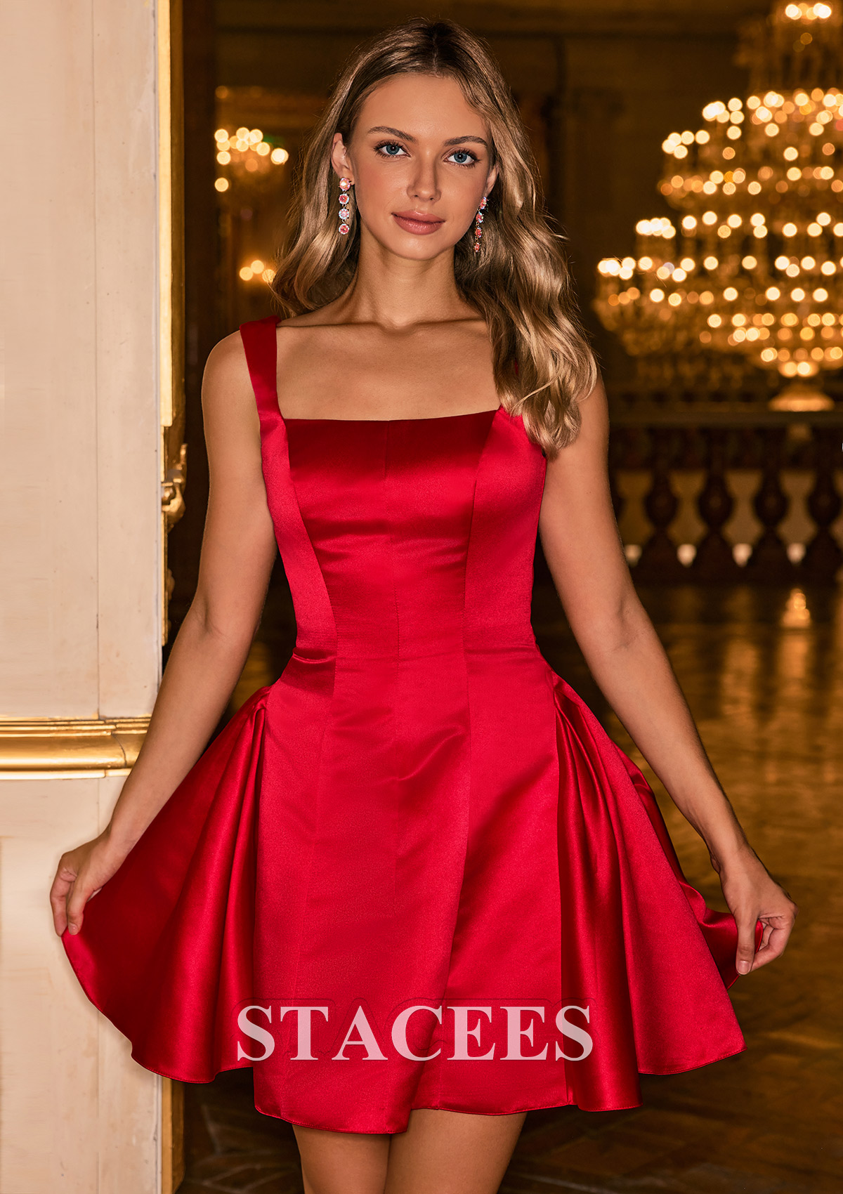Rojo Vestido línea a escote bandeja satén corto vestido para homecoming - STACEES