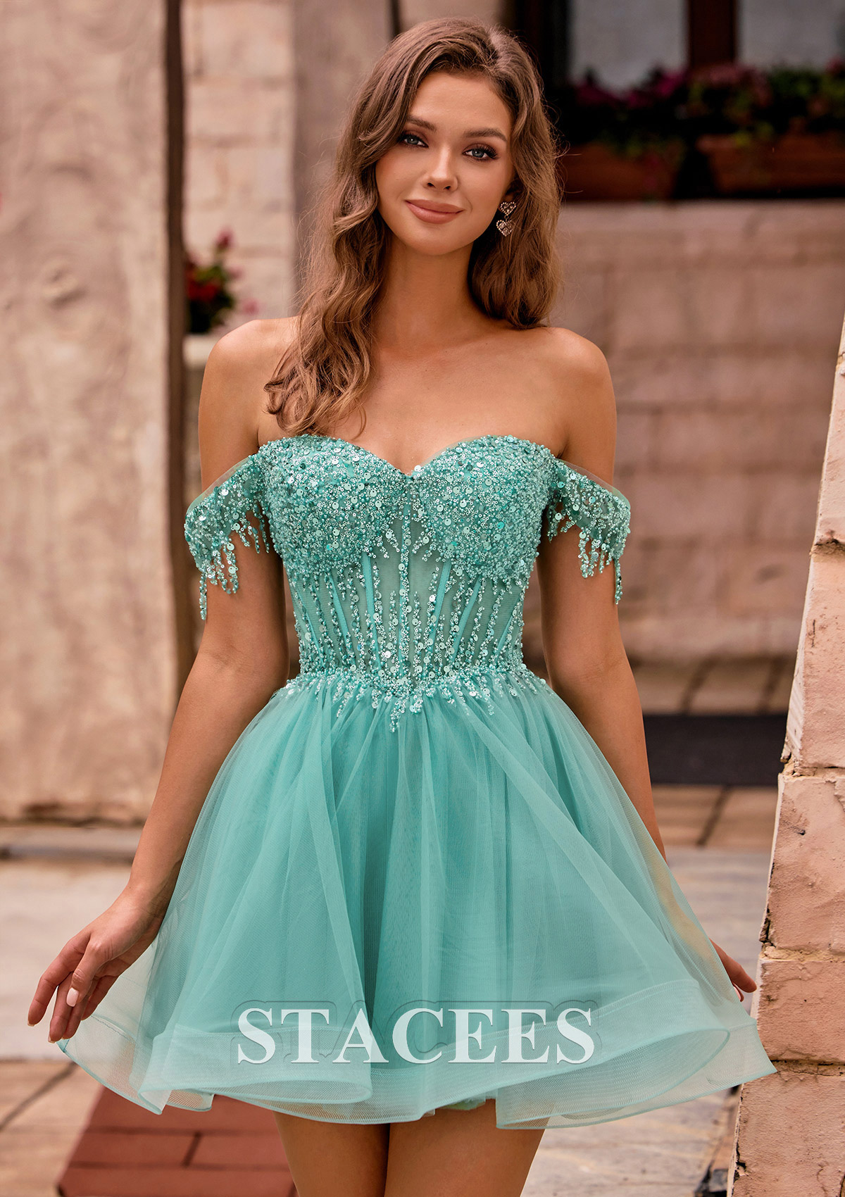 As picture A-line Fringed Off-the-Shoulder Tulle Homecoming Dress with Beaded Sequins - STACEES