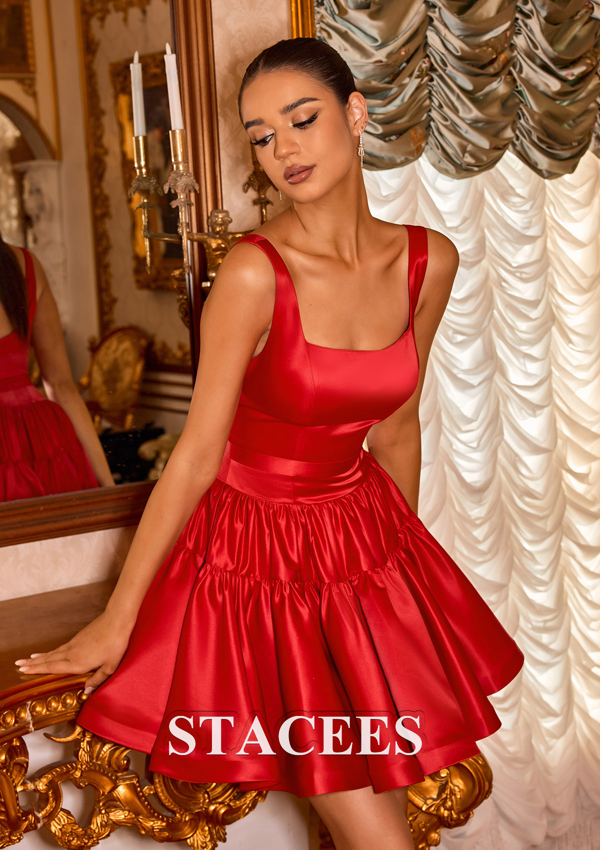 Red A-line Square Neckline Short Satin Homecoming Dress with Ruffle Waistband - STACEES