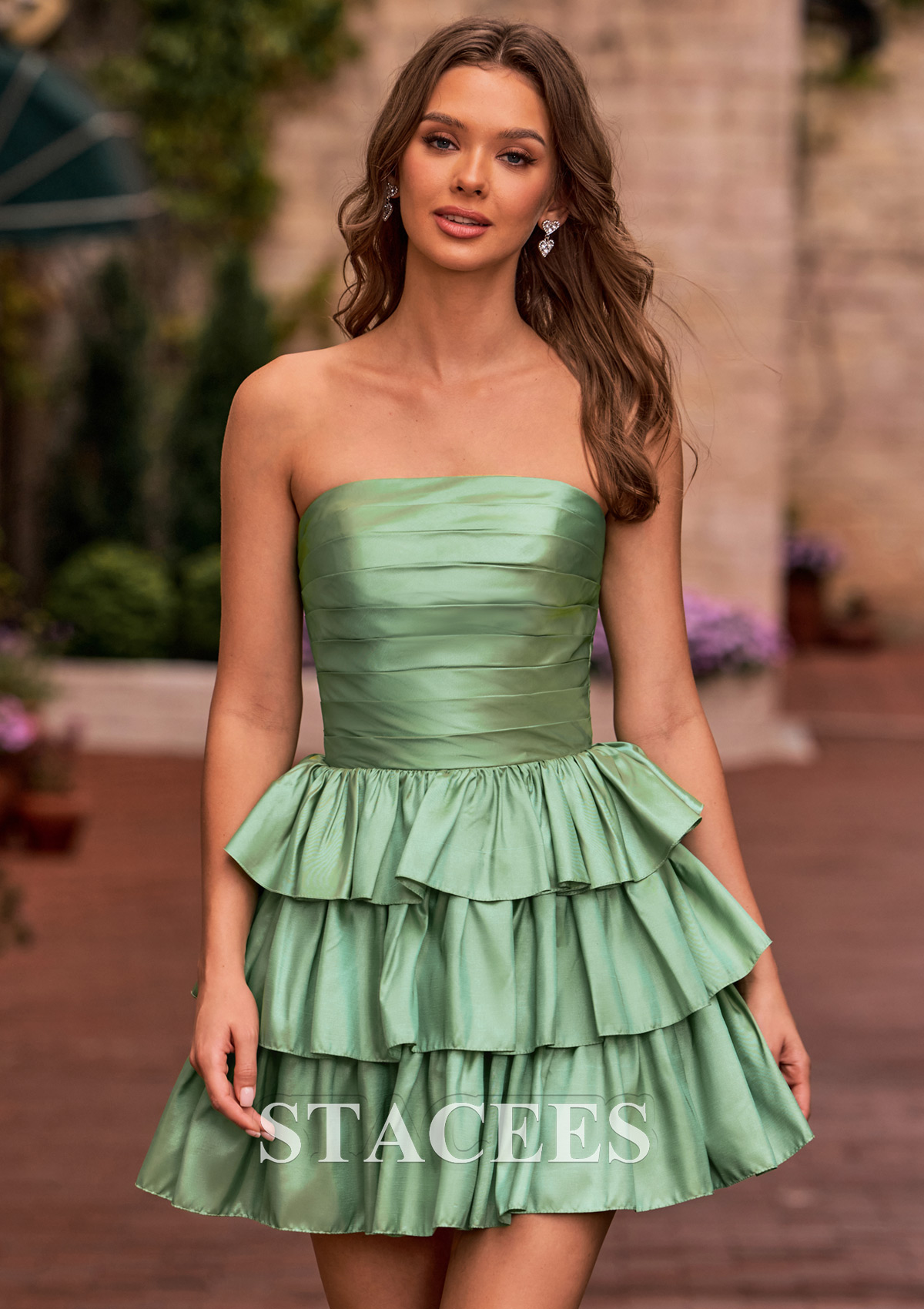 Salvia Vestido línea a cuello cuadrado tafetán corto vestido para homecoming - STACEES