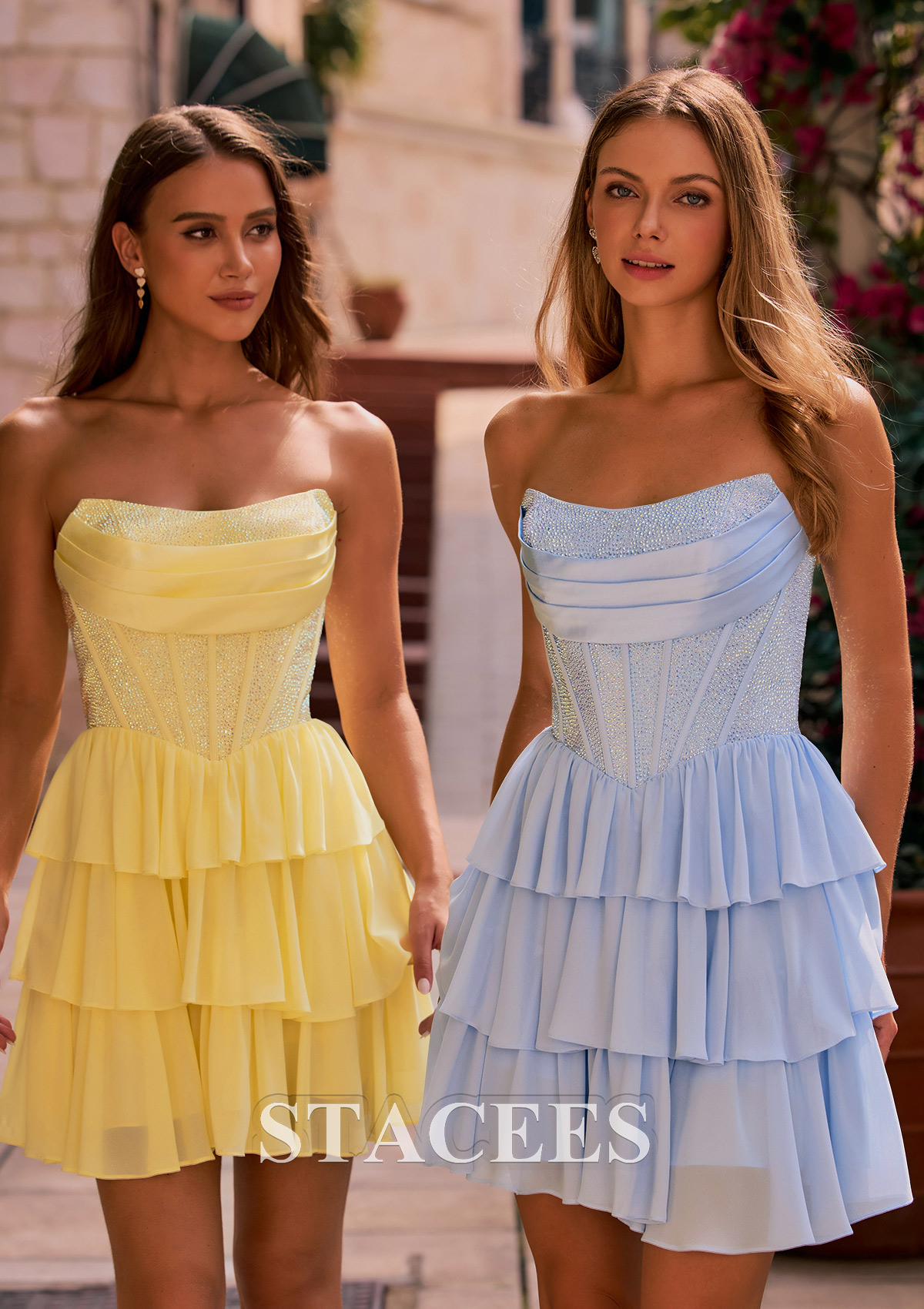 Daffodil A-line Pleated Ruffles Strapless Embellished Ruffle Tier Homecoming Dress - STACEES