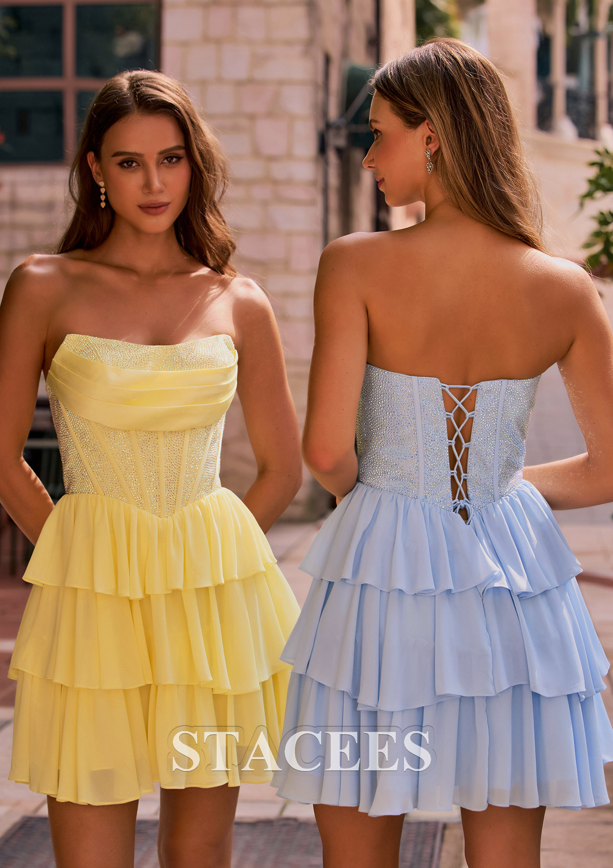 Daffodil A-line Pleated Ruffles Strapless Embellished Ruffle Tier Homecoming Dress - STACEES