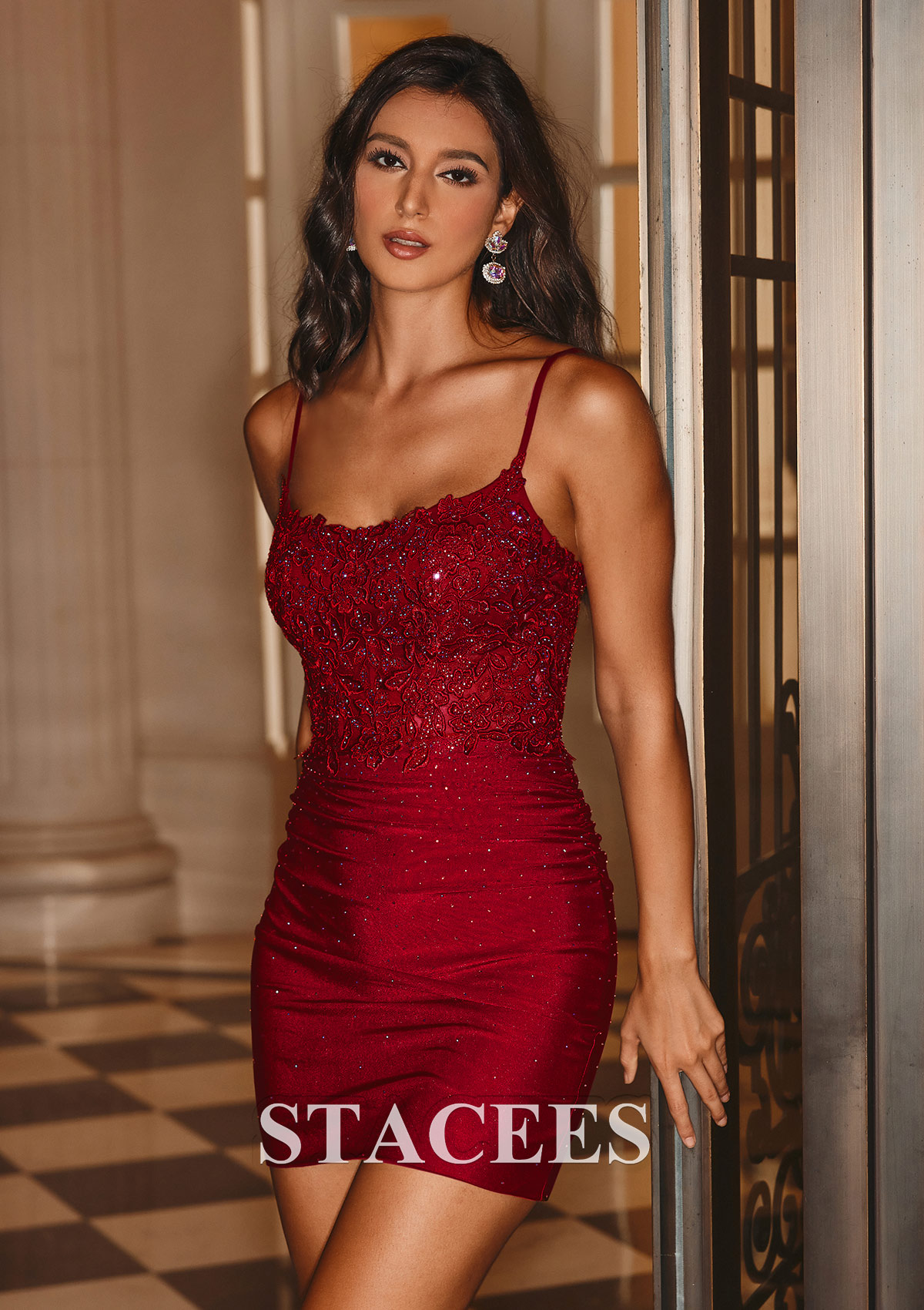 Burgundy Sparkle Lace Sequin Bodycon Homecoming Dress with Spaghetti Straps - STACEES