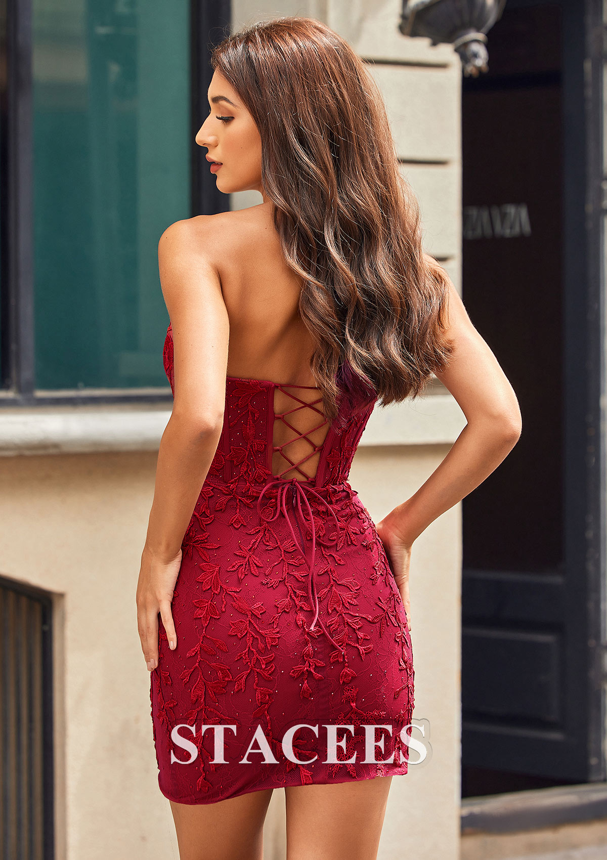 Bordeaux Fourreau cache coeur tulle courte/mini robe de fête de la rentrée  - STACEES