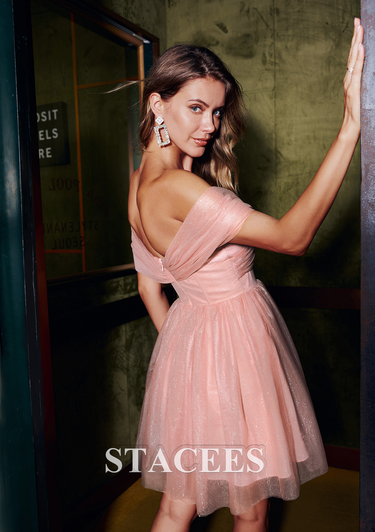 Dusty Pink A-line Off-the-Shoulder Full/Long Sleeve Short/Mini Tulle Homecoming Dress with Pleated Glitter - STACEES