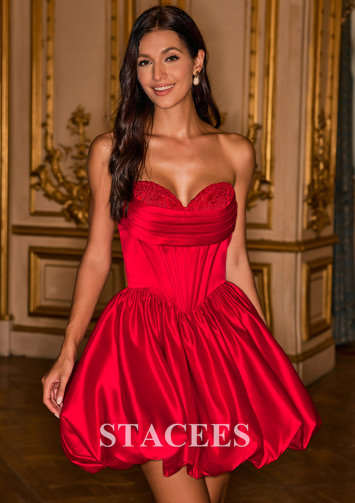 Rouge Robe trapèze cache coeur satin courte/mini robe de fête de la rentré avec plissé - STACEES