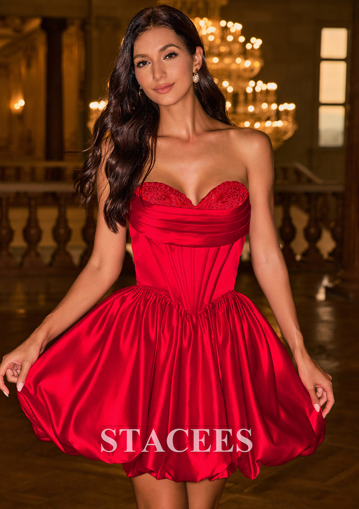 Rouge Robe trapèze cache coeur satin courte/mini robe de fête de la rentré avec plissé - STACEES