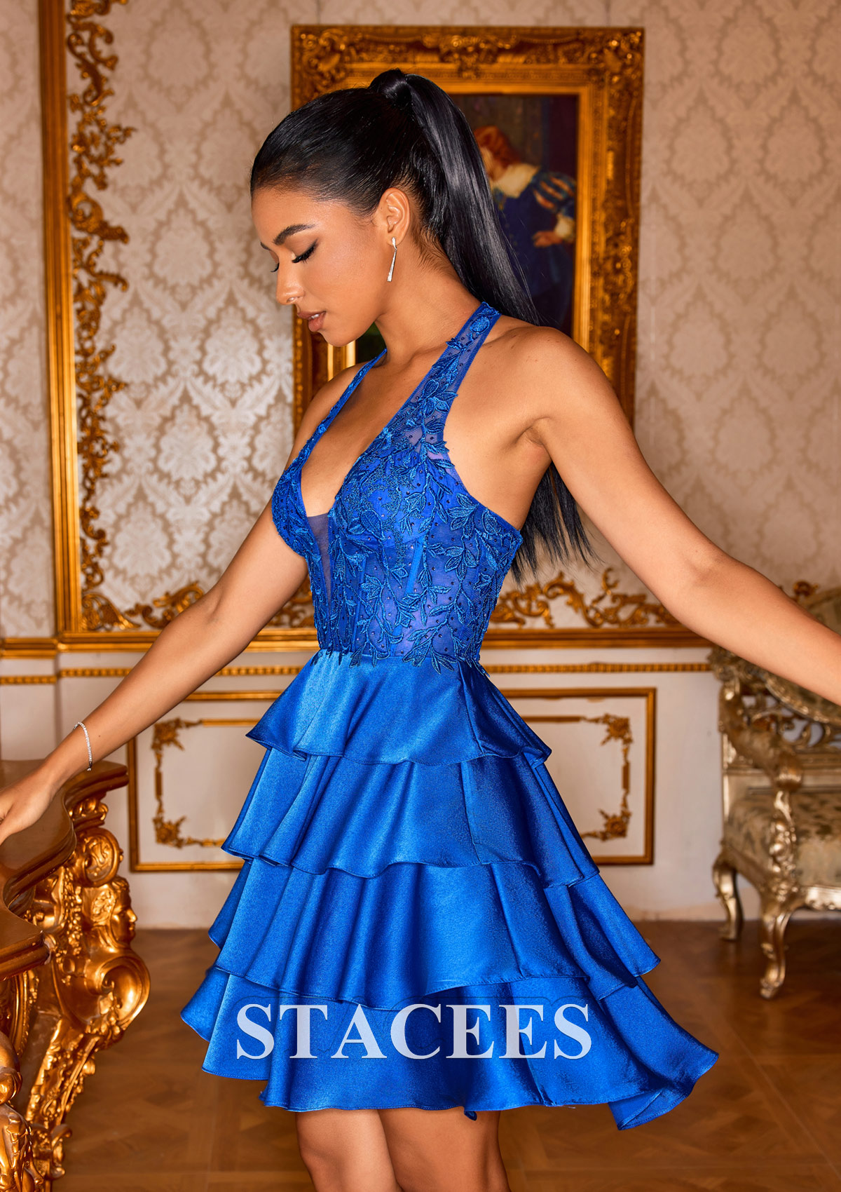 Royal Blue Vestido línea a cuello halter satén elástico corto/mini vestido para homecoming - STACEES