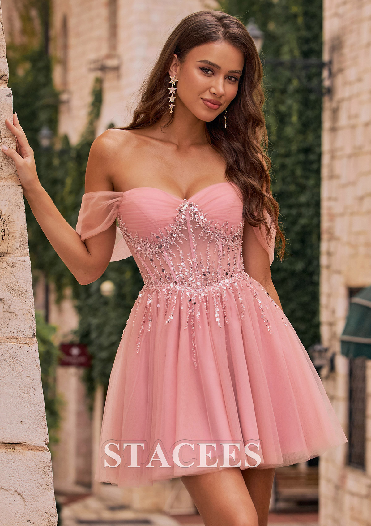 Rosa Empolvado Vestido línea a hombros descubiertos tul corto vestido para homecoming con lentejuelas - STACEES