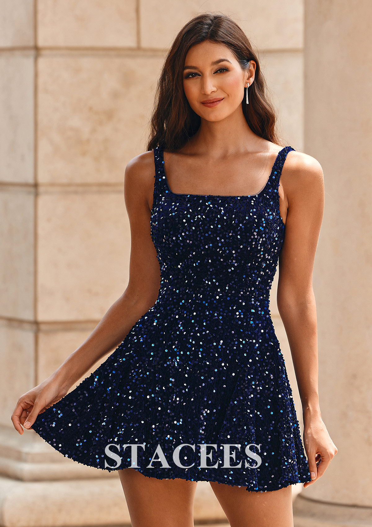 Dark Navy Vestido línea a cuello cuadrado lentejuelas de terciopelo corto/mini vestido para homecoming - STACEES