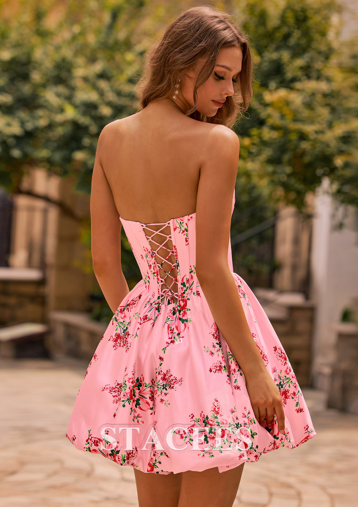 Blushing Pink Floral A-line Strapless Corset Floral Print Satin Bubble Homecoming Dress - STACEES
