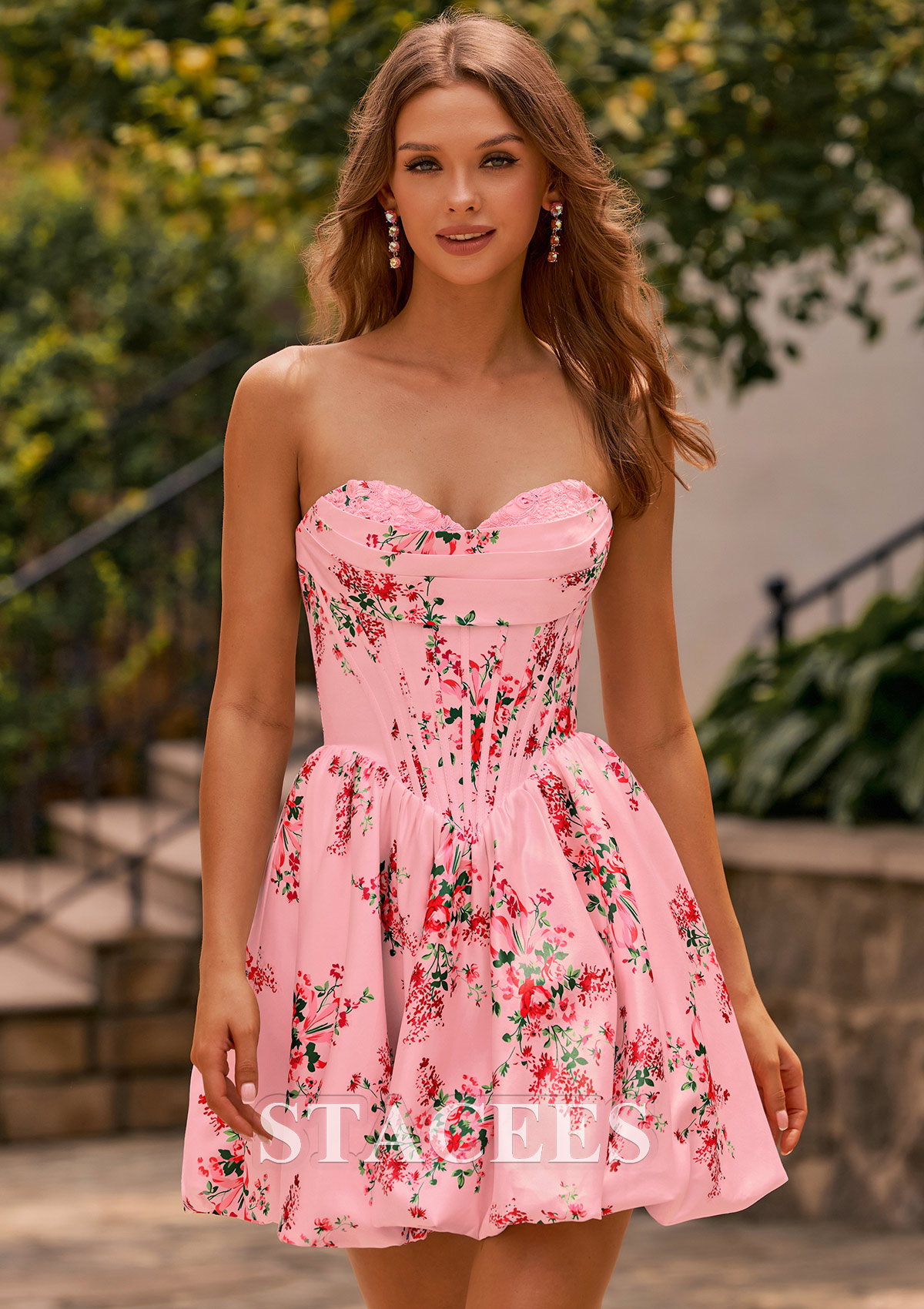 Blushing Pink Floral A-line Strapless Corset Floral Print Satin Bubble Homecoming Dress - STACEES