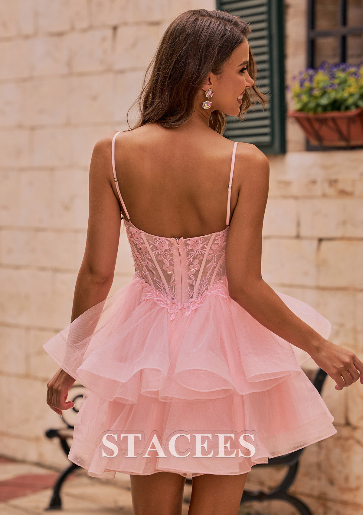 Blushing Pink A-line Sparkly Embellished Corset Tiered Tulle Homecoming Dress - STACEES