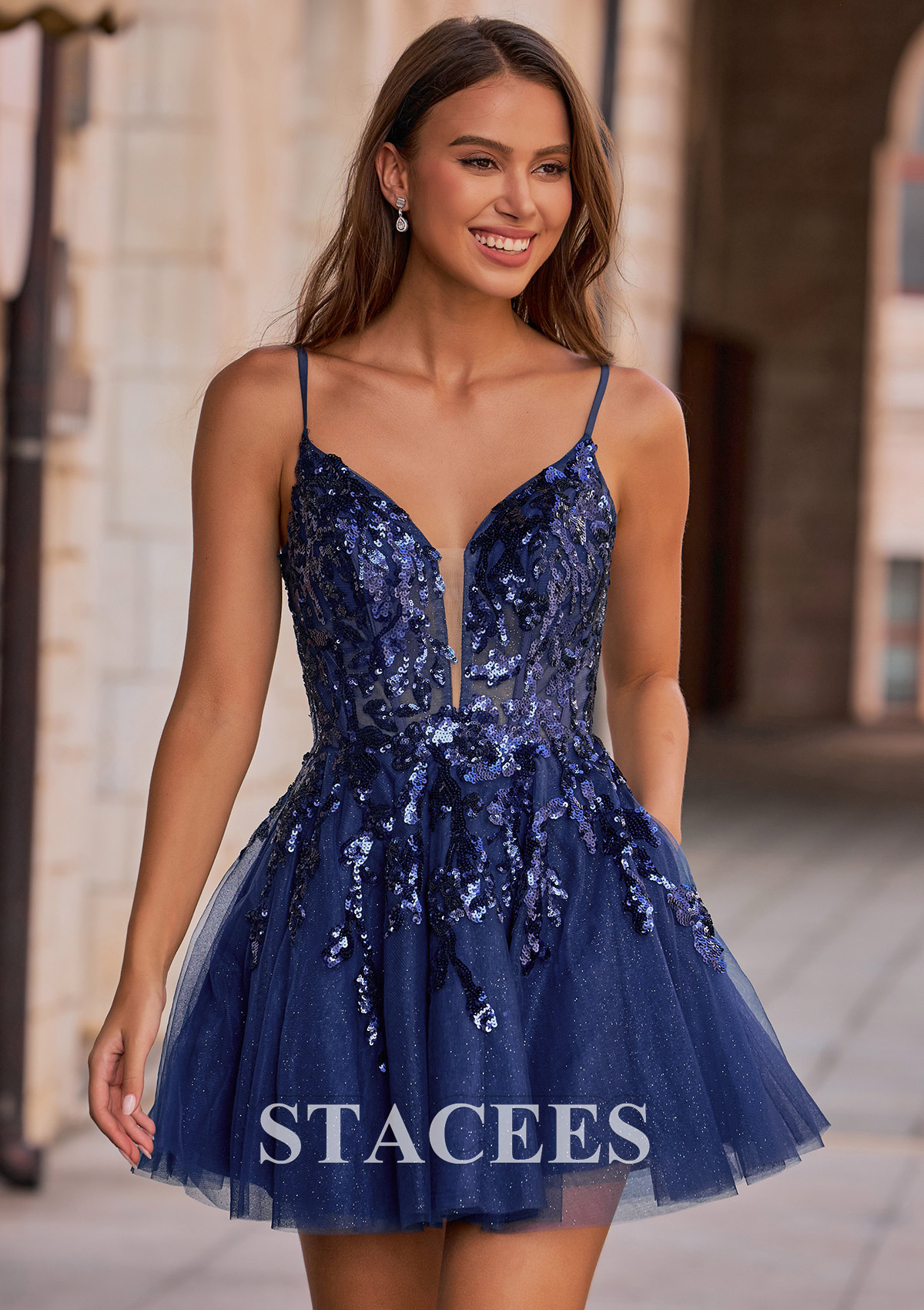 Dark Navy A-line Plugging V Neck Glitter Homecoming Dress with Sequins Sheer Corset - STACEES