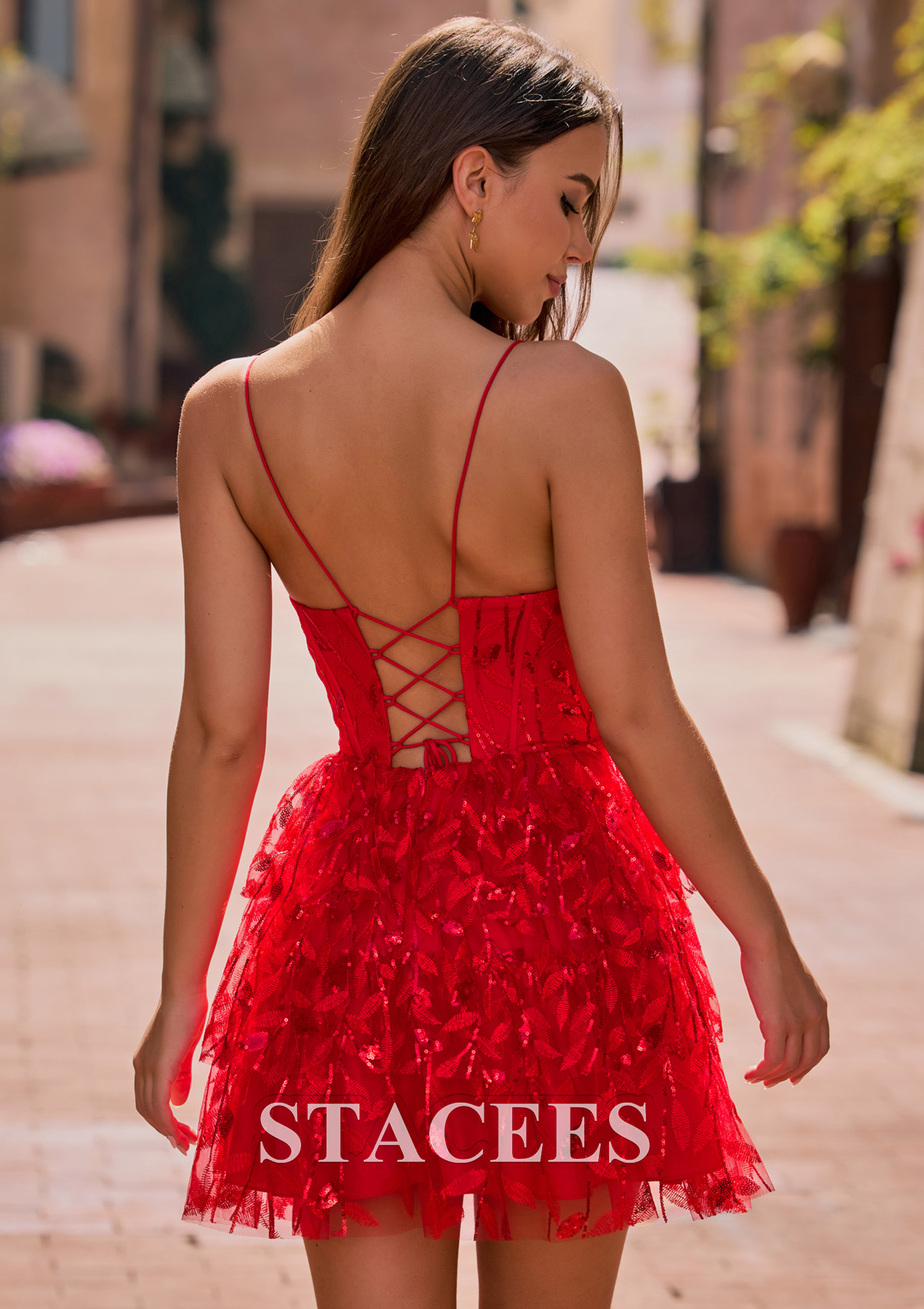 Red Sparkly A-line Floral Lace Sequin Layered Ruffle Homecoming Dress - STACEES