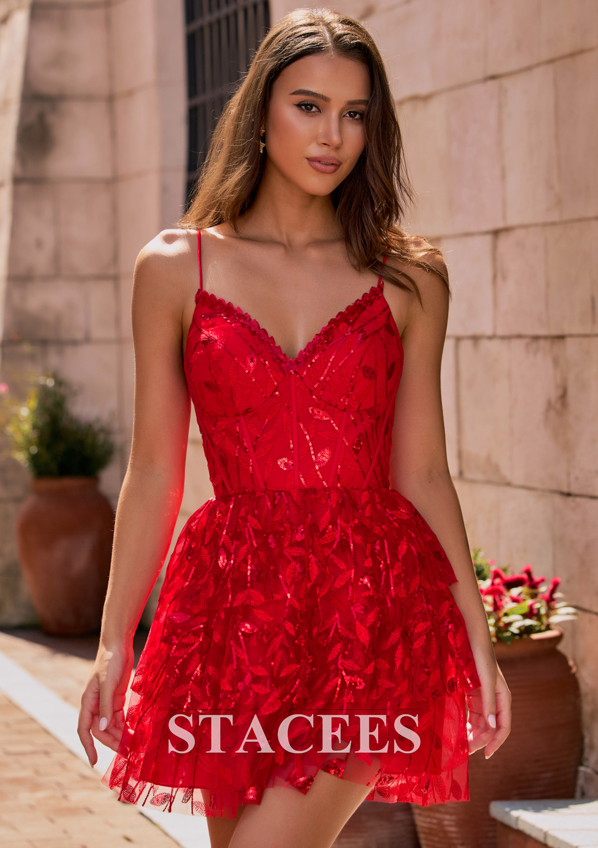 Red Sparkly A-line Floral Lace Sequin Layered Ruffle Homecoming Dress - STACEES
