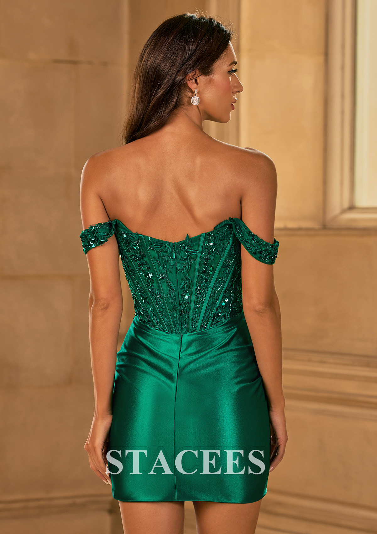 Dark Green Fitted Off-Shoulder Silk Satin Ruched Homecoming Dress with Beaded Embroidery Corset - STACEES