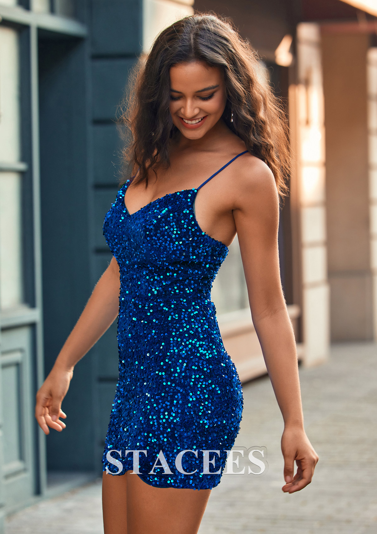 Royal Blue Velvet Sequins Sequin Bodycon Homecoming Dress with Spaghetti Straps - STACEES
