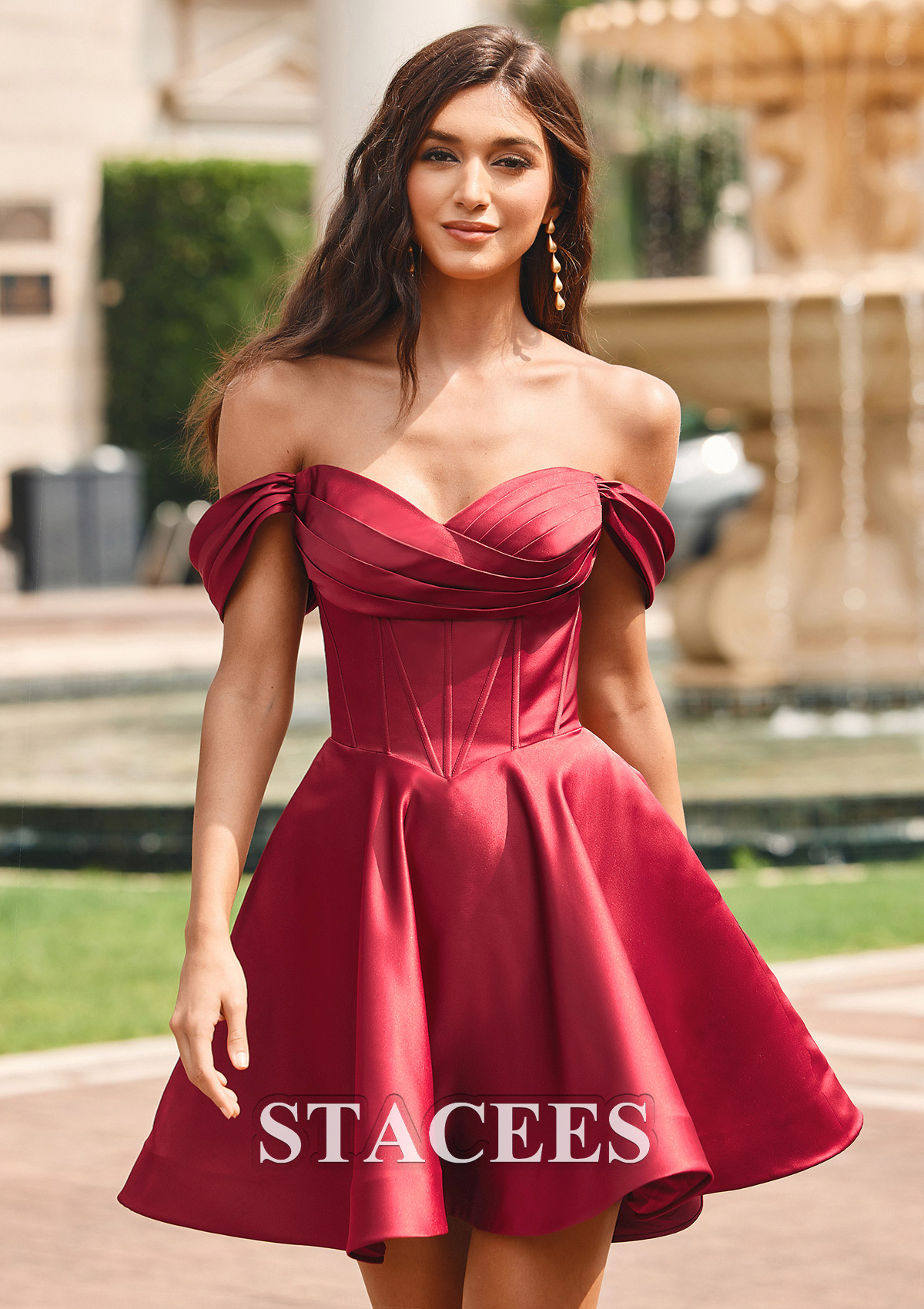 Bordeaux Robe trapèze Robe Marquise épaule dénudée satin courte/mini robe de fête de la rentrée  - STACEES