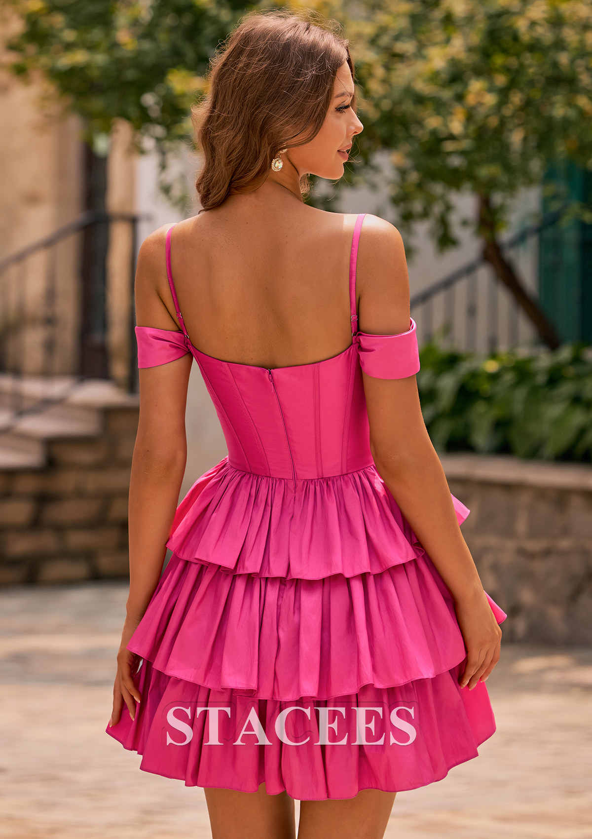 Rose Vif Robe trapèze bateau taffetas courte/mini robe de fête de la rentré avec plissé volants - STACEES
