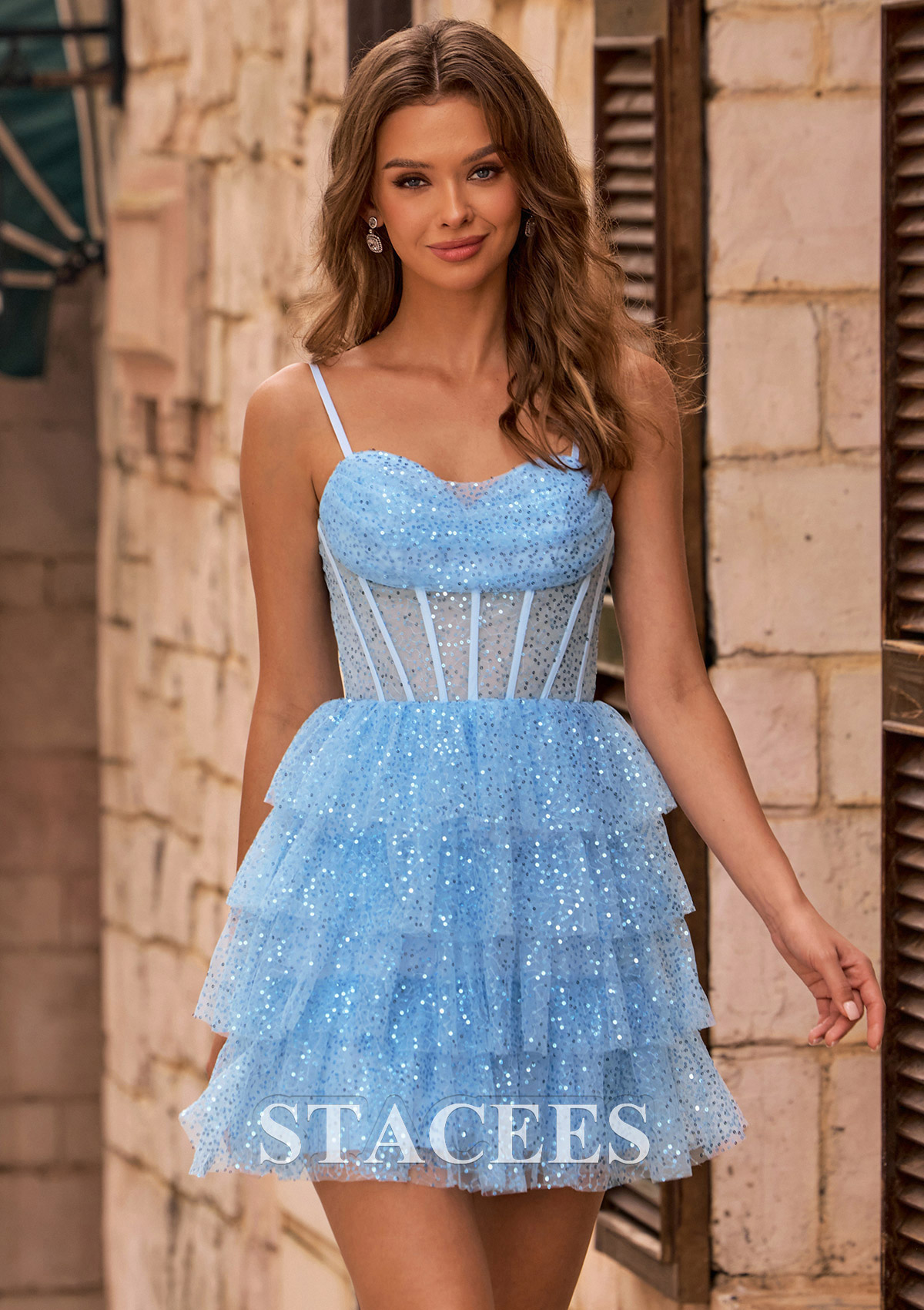 Azul Cielo Vestido línea a escote drapeado lentejuelas corto vestido para homecoming - STACEES