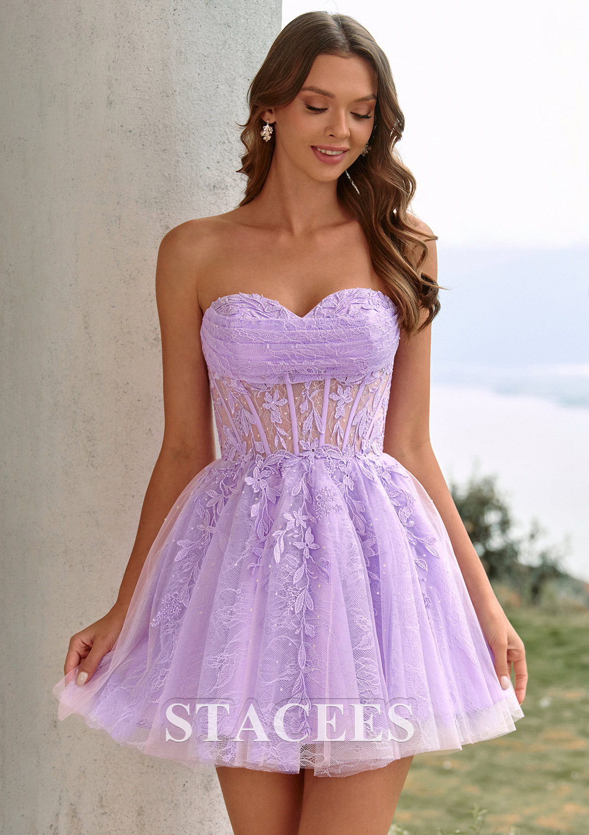 Lilas Trapèze col cœur tulle courte/mini robe de fête de la rentré avec perles dentelle plissé - STACEES