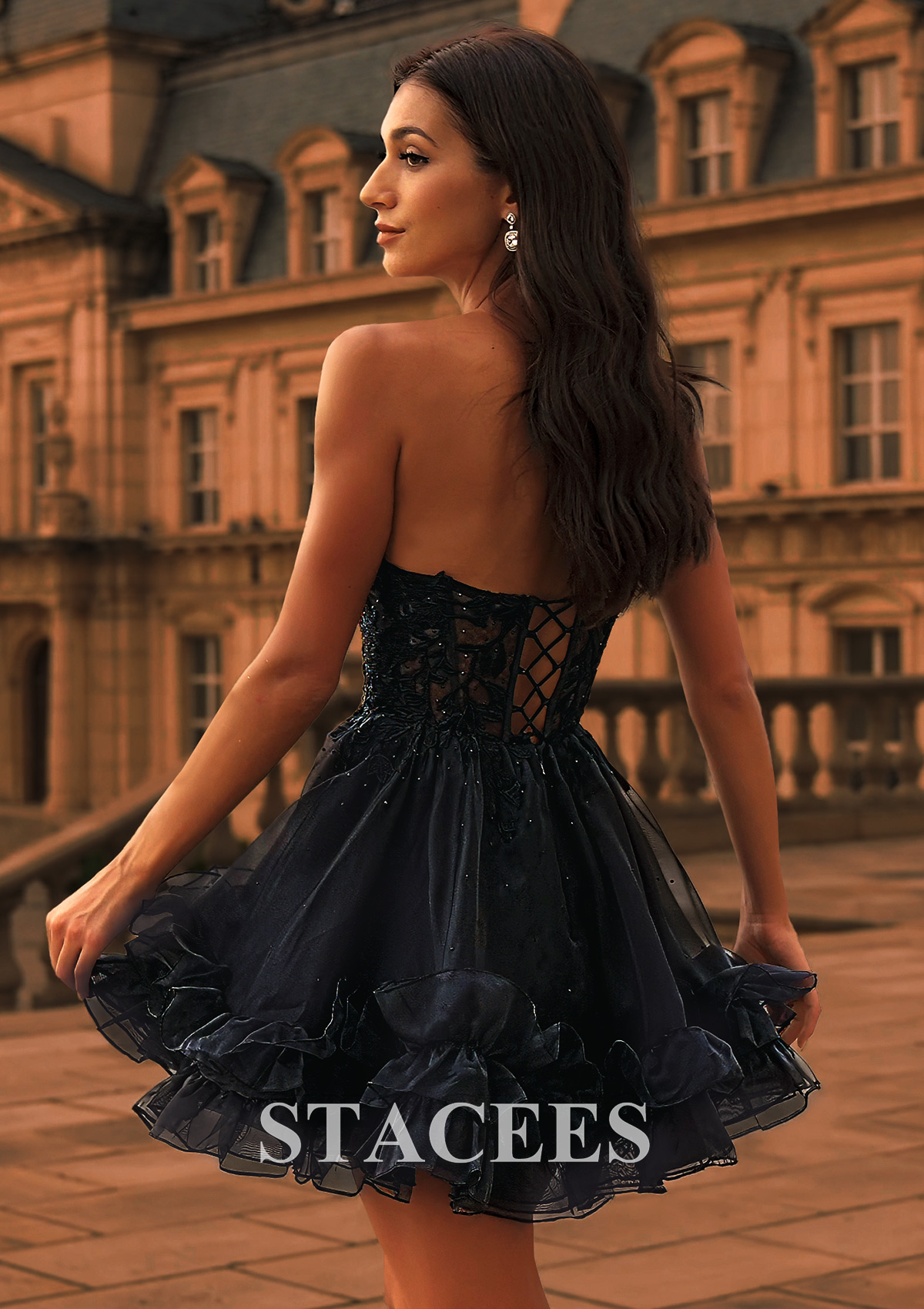 Black A-line Strapless Ruffle Organza Homecoming Dress with Lace Sheer Corset - STACEES
