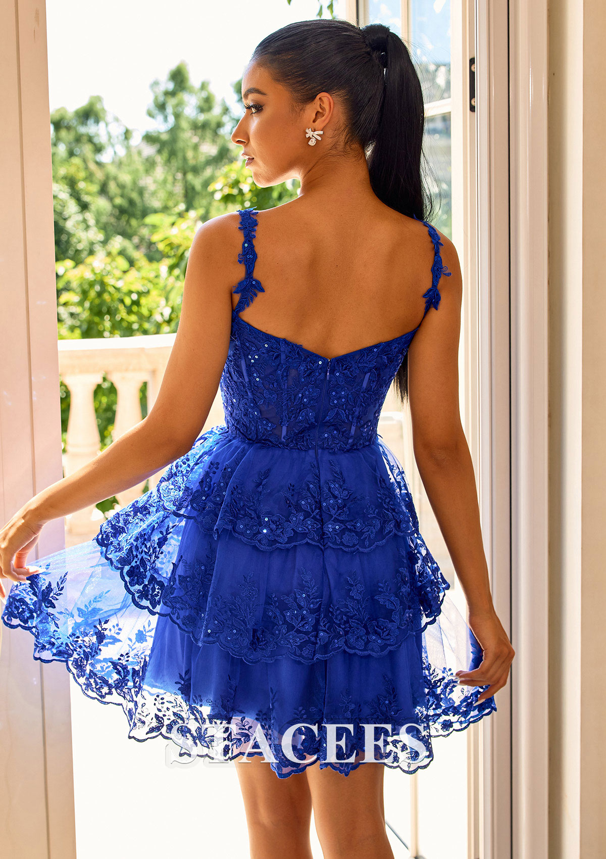Royal Blue A-line V Neck Tulle Short/Mini Homecoming Dress with Appliqued Sequins - STACEES