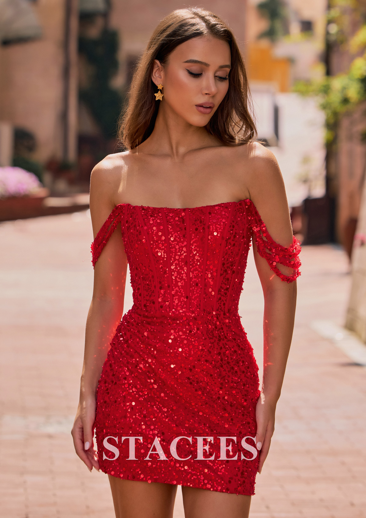 Rojo Tubo hombros descubiertos lentejuelas corto vestido para homecoming - STACEES