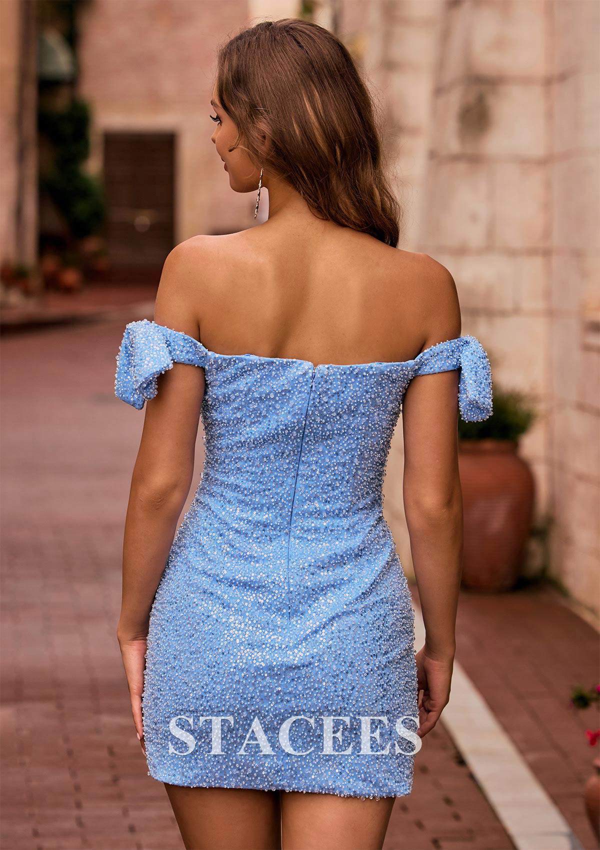 Azul Cielo Tubo hombros descubiertos lentejuelas corto vestido para homecoming - STACEES