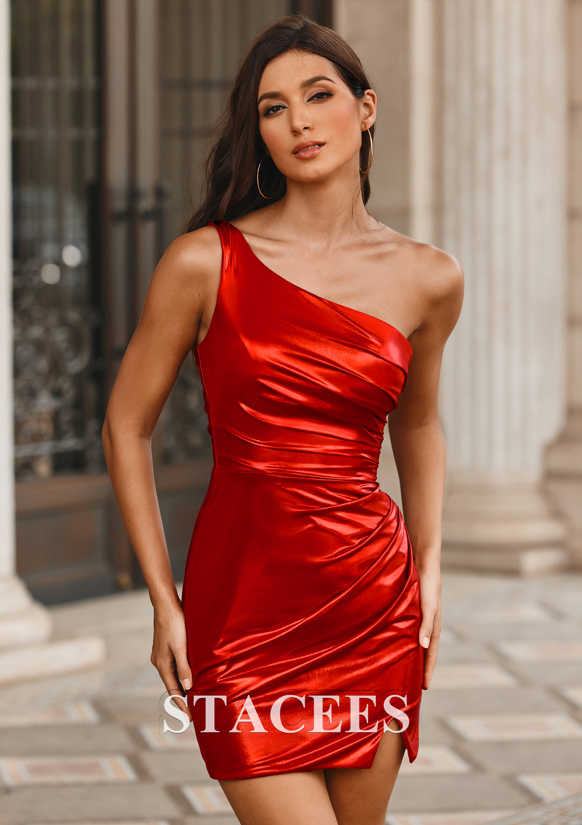 Rouge Fourreau une épaule métallique courte/mini robe de bal  - STACEES