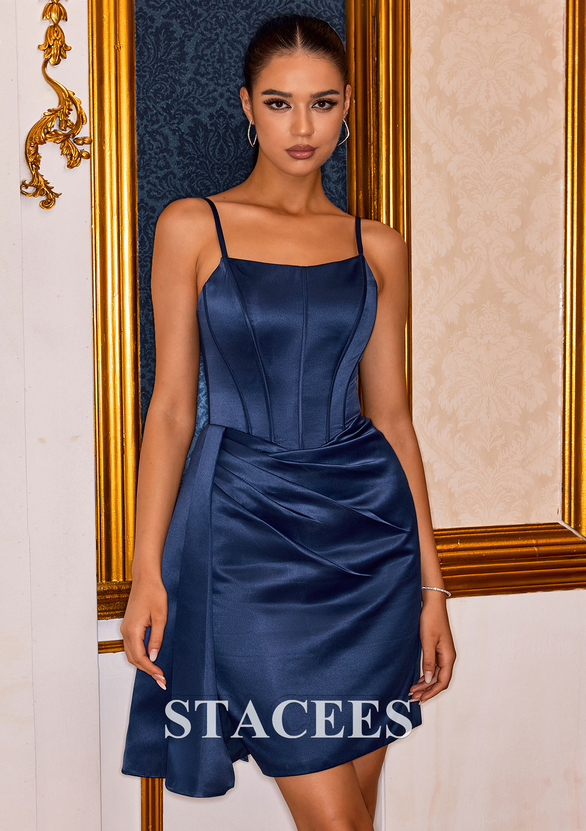 Dark Navy Cubierta escote redondo satén corto/mini vestido para homecoming - STACEES