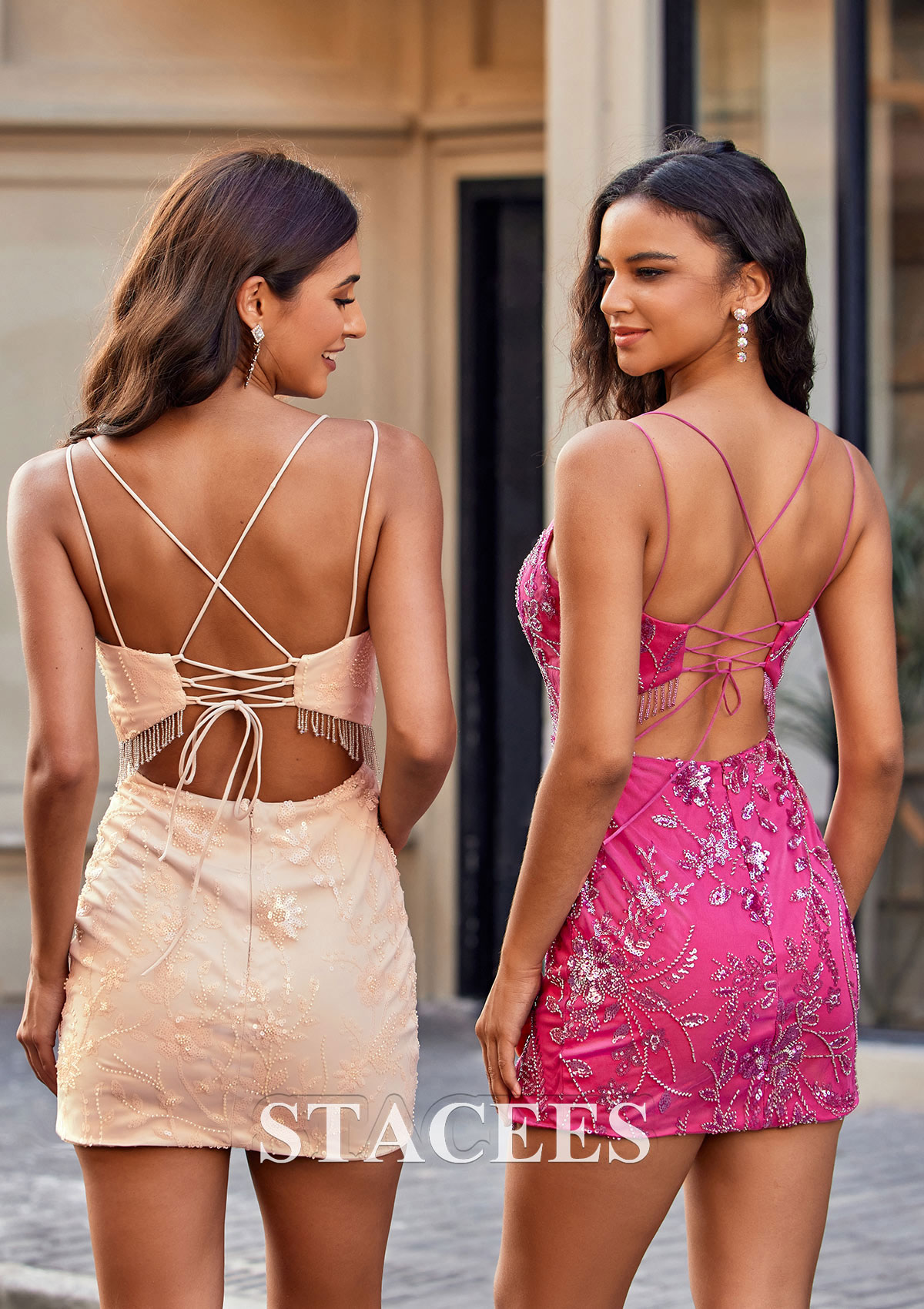 Rose Perle Fourreau carrée paillettes courte/mini robe de fête de la rentrée  - STACEES