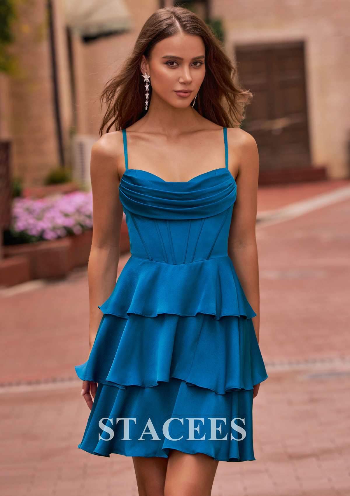 Twilight A-line Cowl Neck Corset Tiered Ruffle Homecoming Dress - STACEES