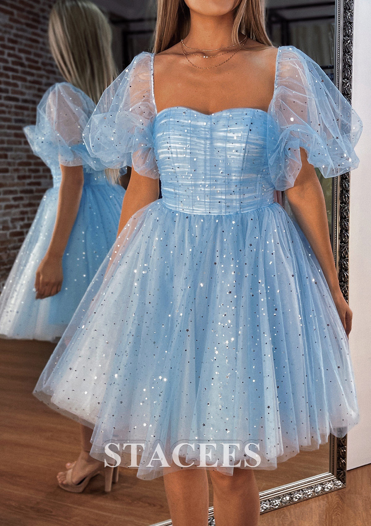 mini puff sleeve homecoming dress A-line Off-the-Shoulder Short Short/Mini Tulle with Pleated Sequins Tulle