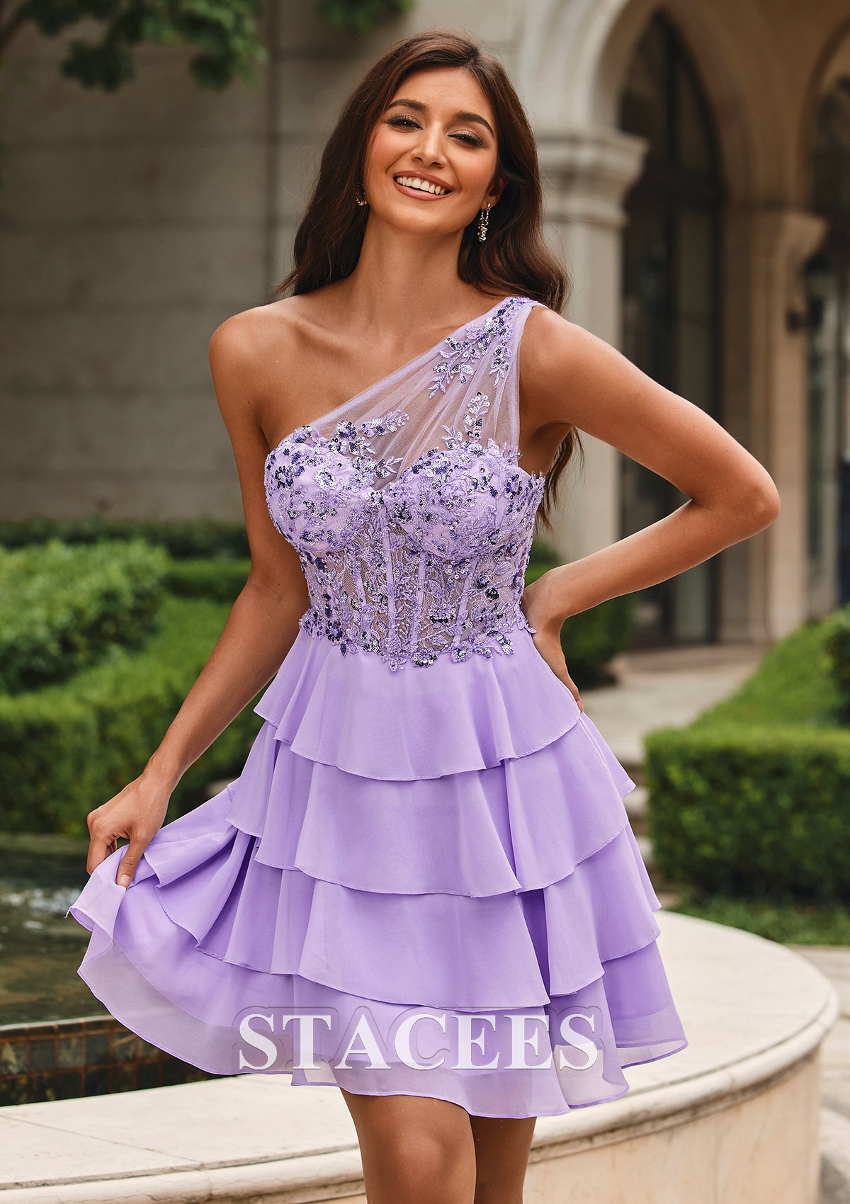 Lavande Trapèze une épaule mousseline courte/mini robe de fête de la rentrée  - STACEES