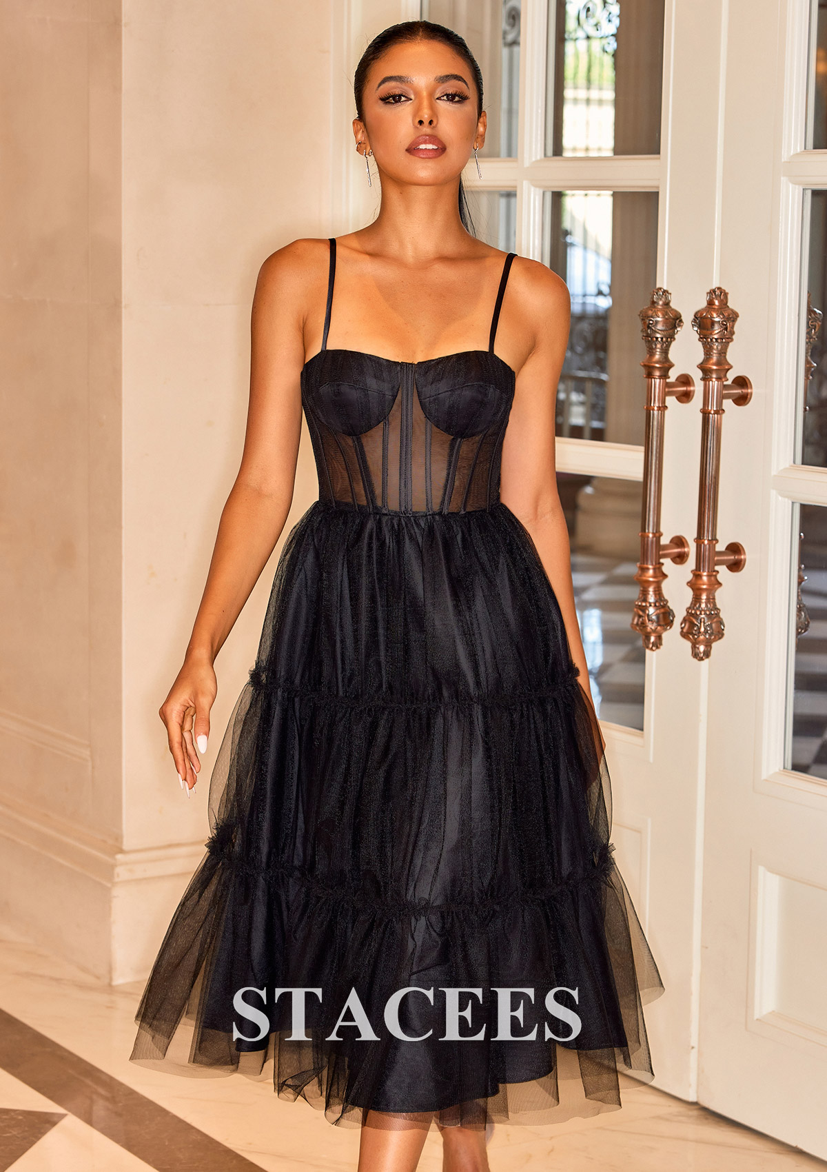 Black Vestido línea a cuello cuadrado tul hasta la tibia vestido para homecoming - STACEES