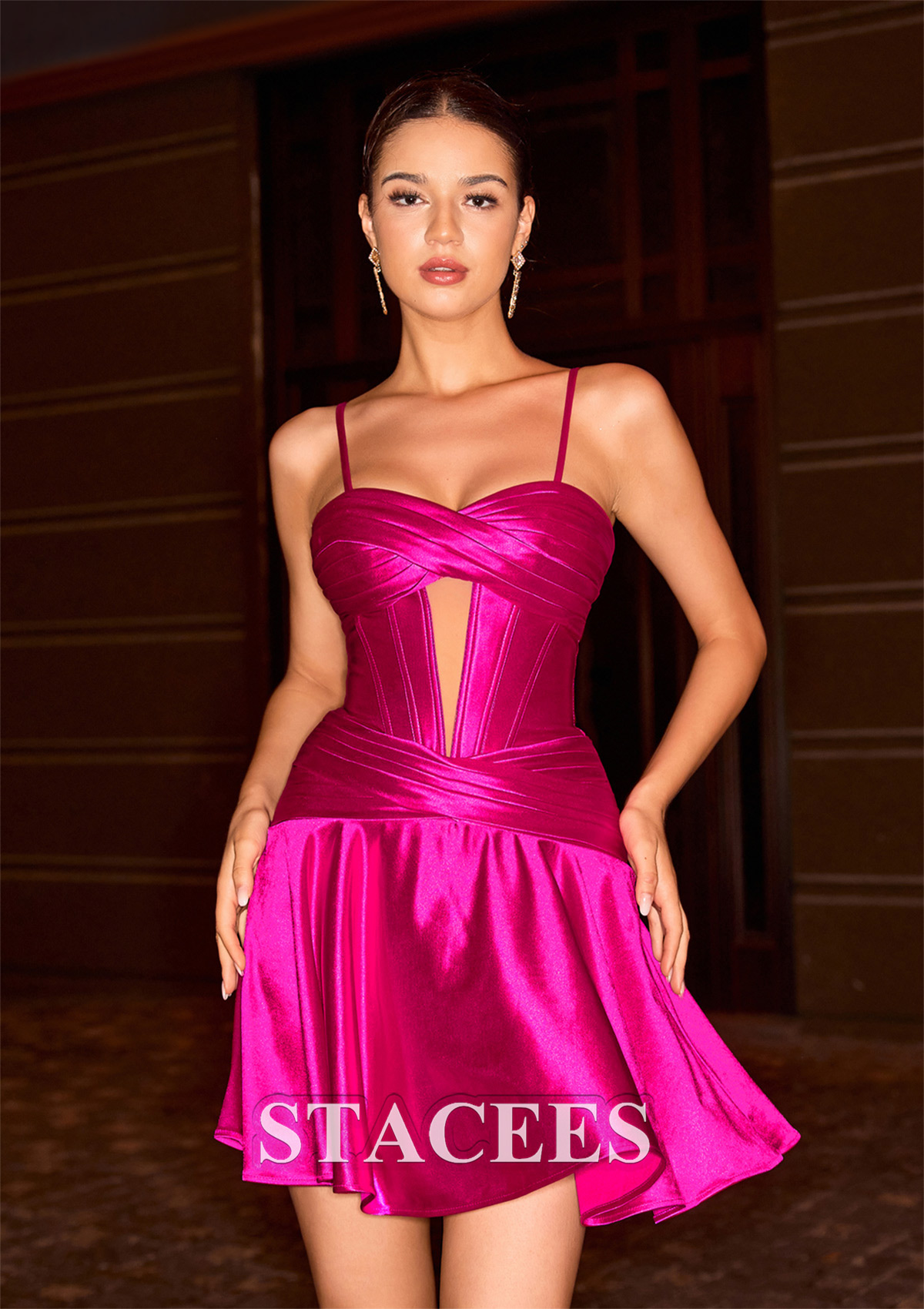 Fuchsia A-line Sweetheart Ruched Corset Short Homecoming Dress with Keyhole - STACEES