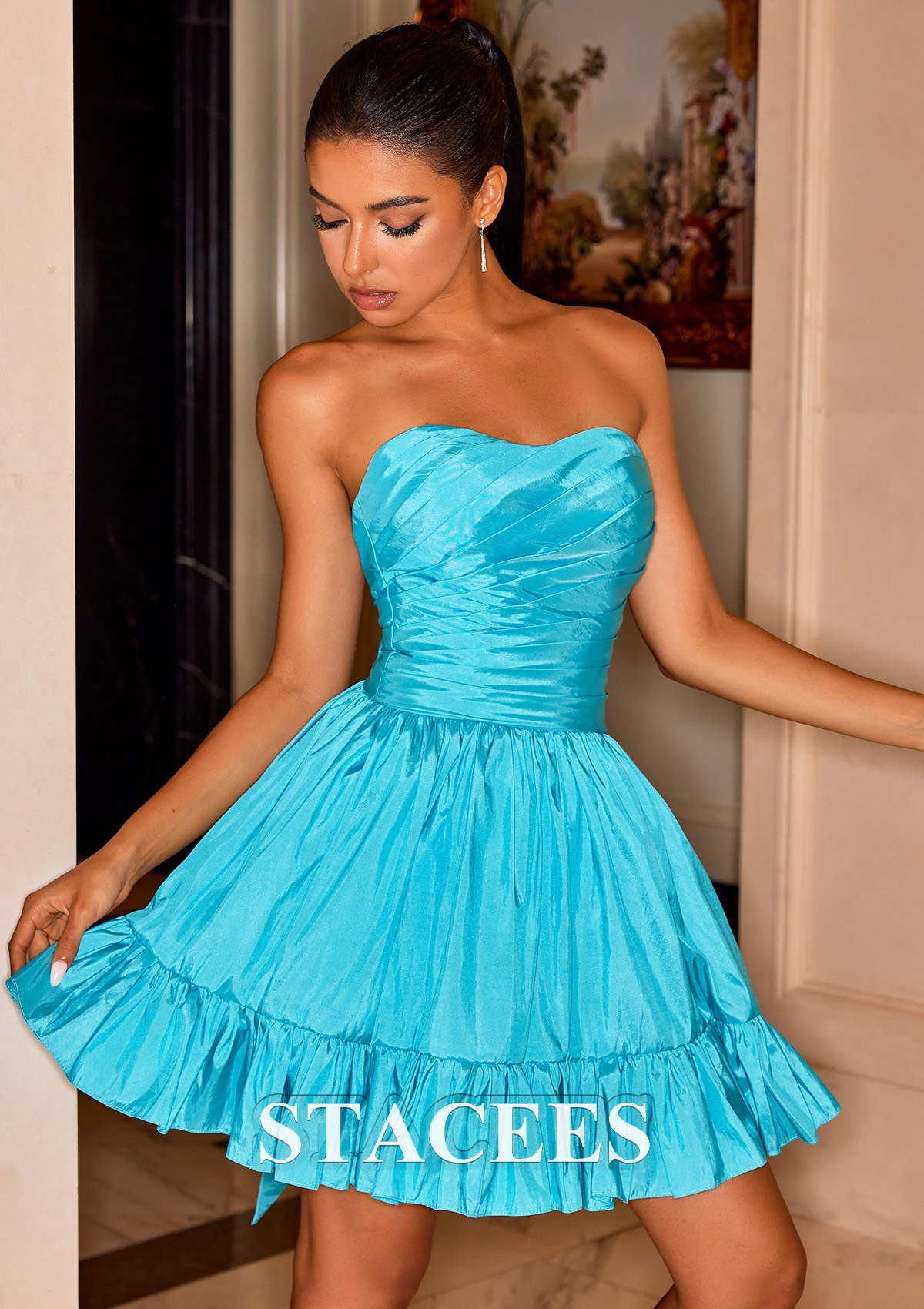 Bleu Robe trapèze cache coeur taffetas courte/mini robe de fête de la rentrée  - STACEES
