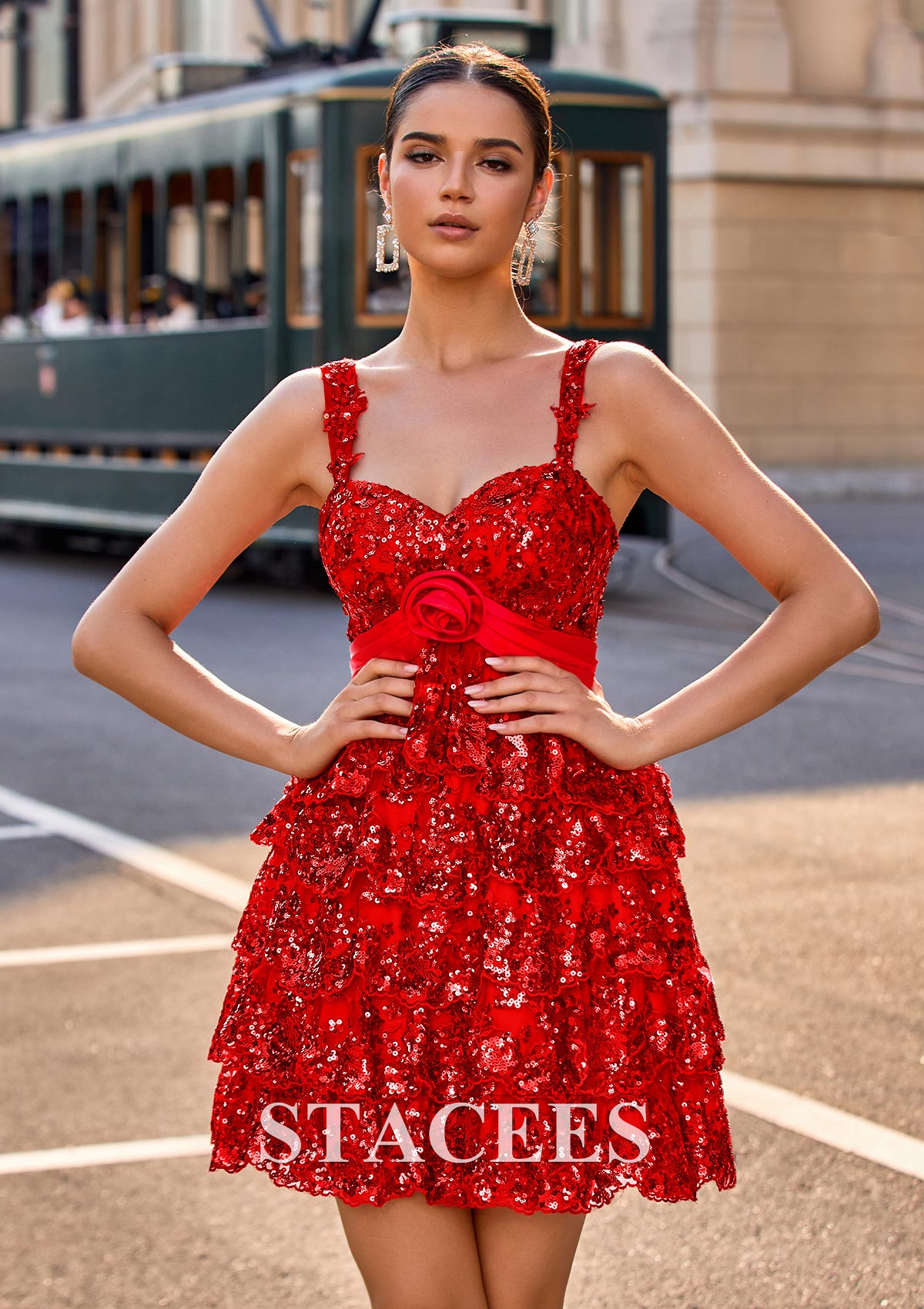Rouge Robe trapèze cache coeur tulle courte/mini robe de fête de la rentrée - STACEES