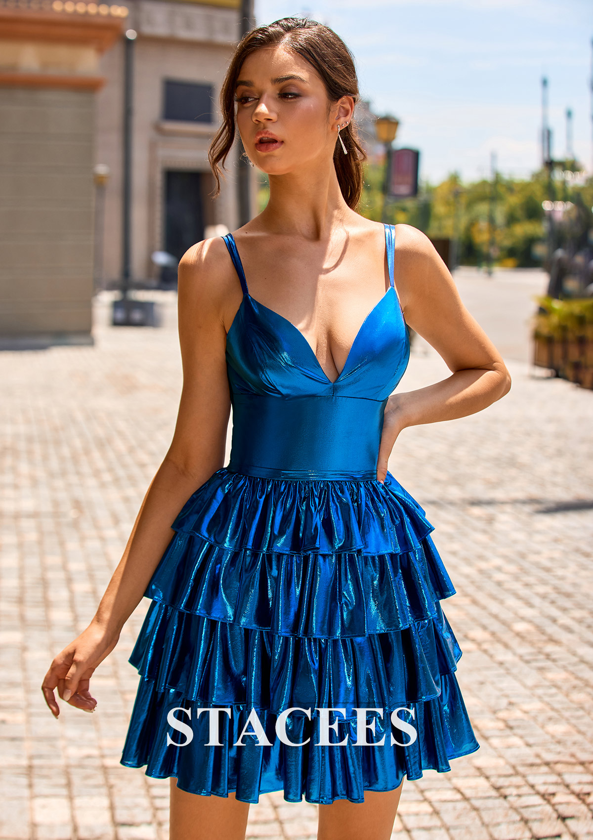 Ocean Blue A-line V Neck Metallic Short/Mini Homecoming Dress with Ruffles - STACEES