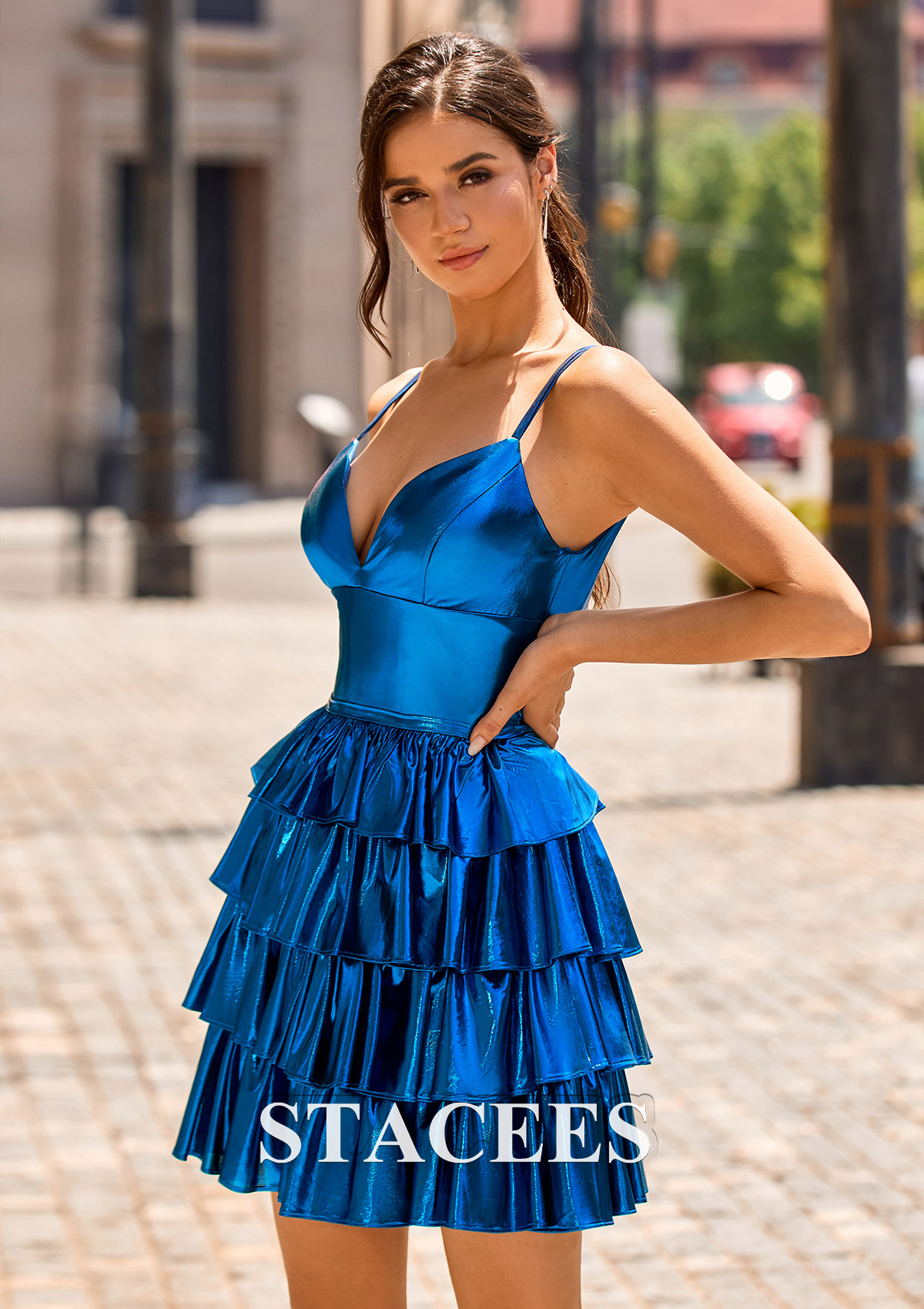 Ocean Blue A-line V Neck Metallic Short/Mini Homecoming Dress with Ruffles - STACEES