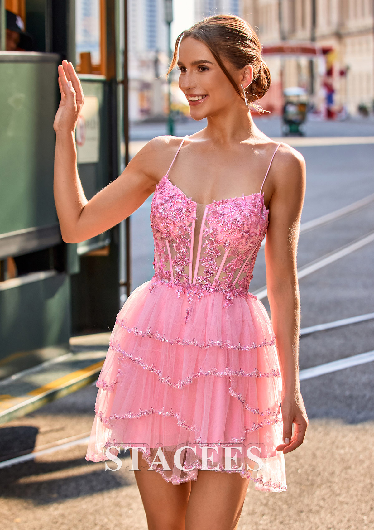 Candy Pink A-line V Neck Tulle Short/Mini Homecoming Dress with Appliqued Ruffles Sequins - STACEES